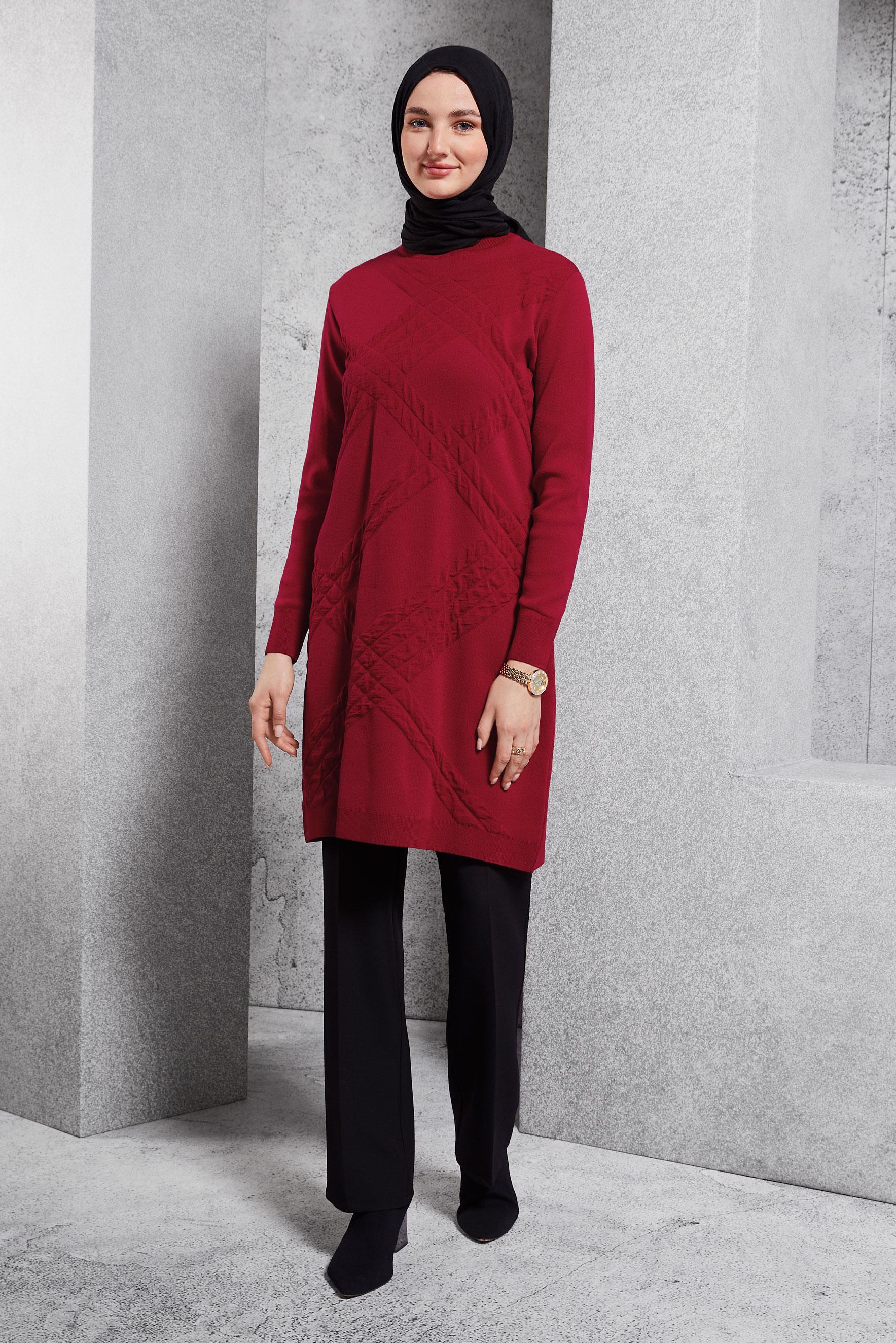 Tesettür giyim KIRMIZI TESETTÜR TRİKO TUNİK 44906