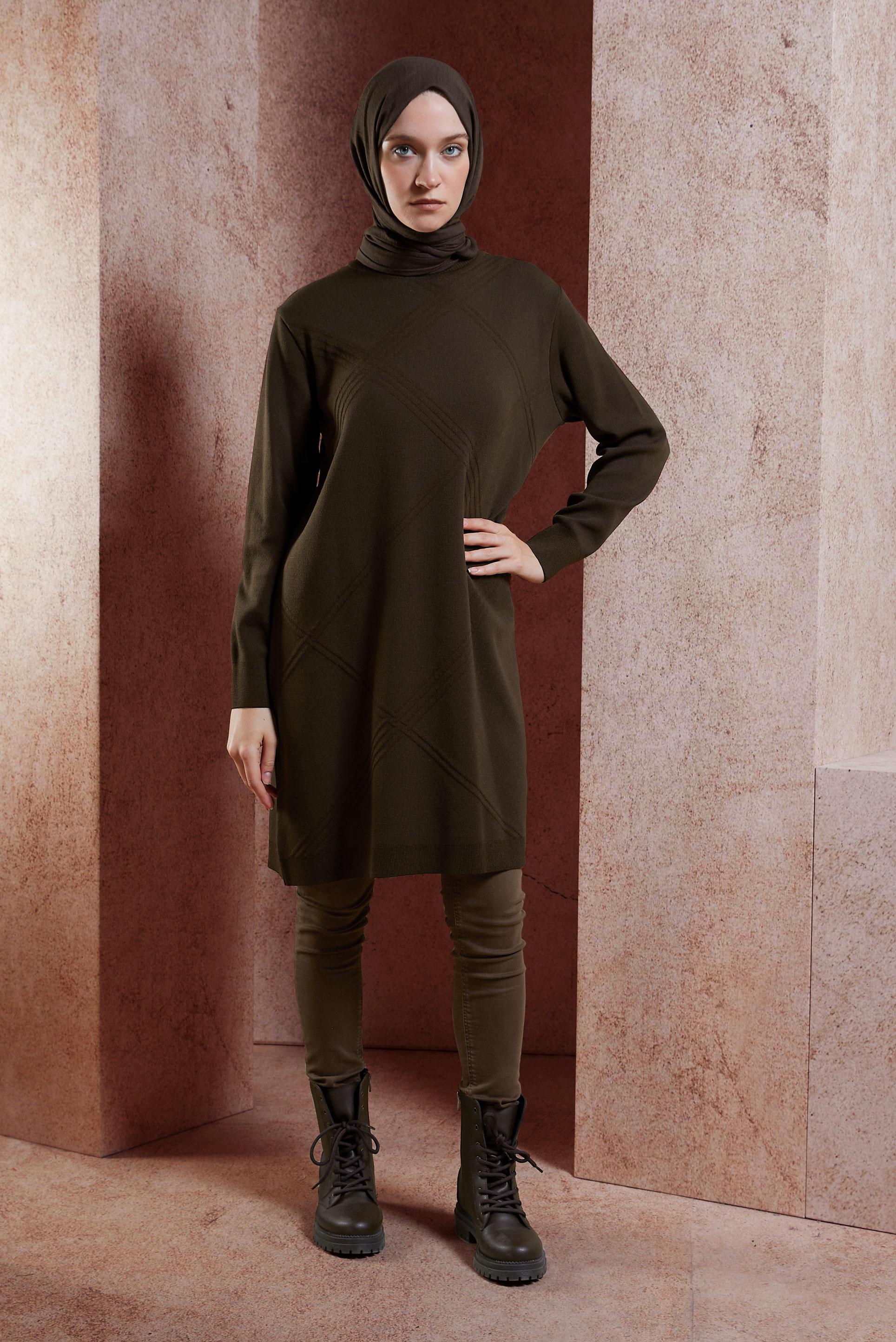 Tesettür giyim KAHVE DÜZ TRİKO TUNİK 44907