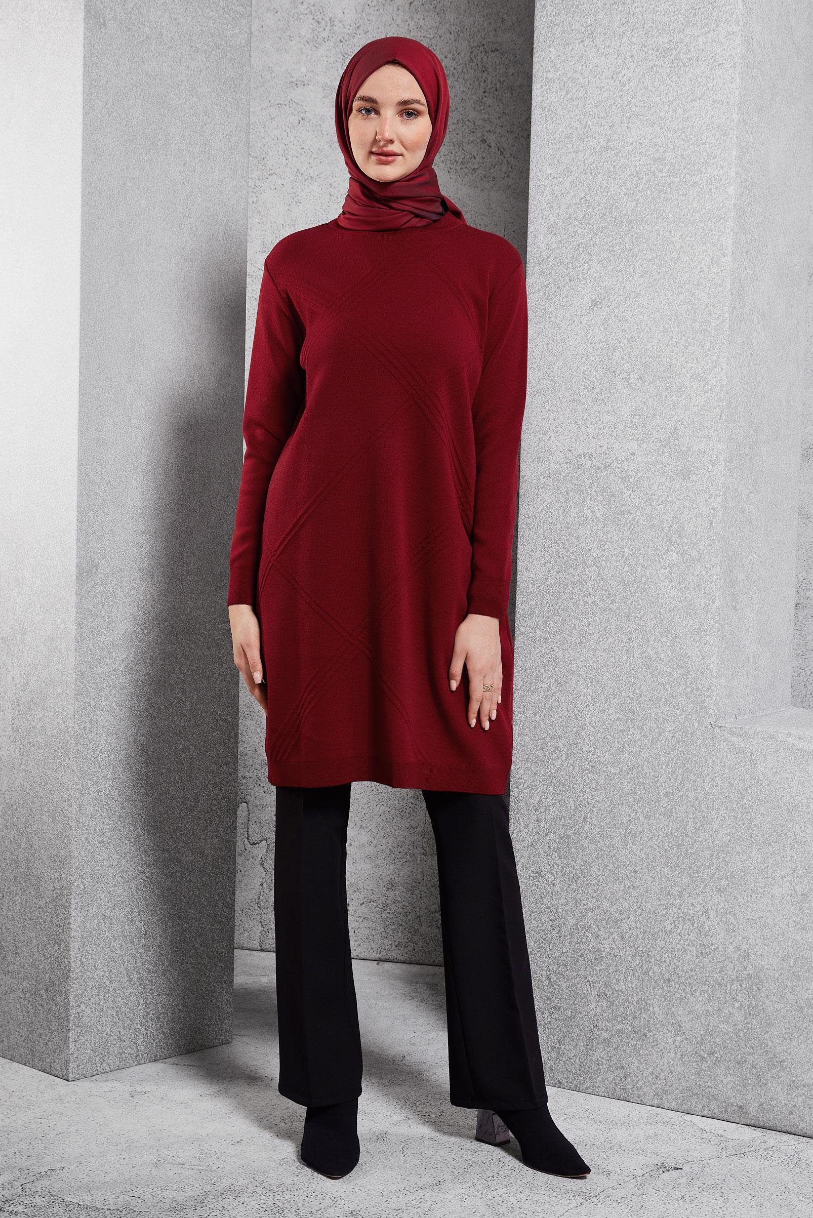 Tesettür giyim BORDO DÜZ TRİKO TUNİK 44907