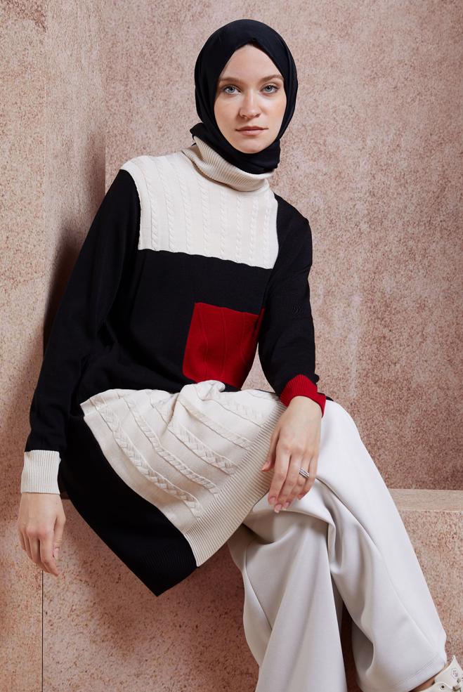 Vêtements hijab NOIR TUNIQUE EN MAILLE COLORÉE 44908 - ALVİNA