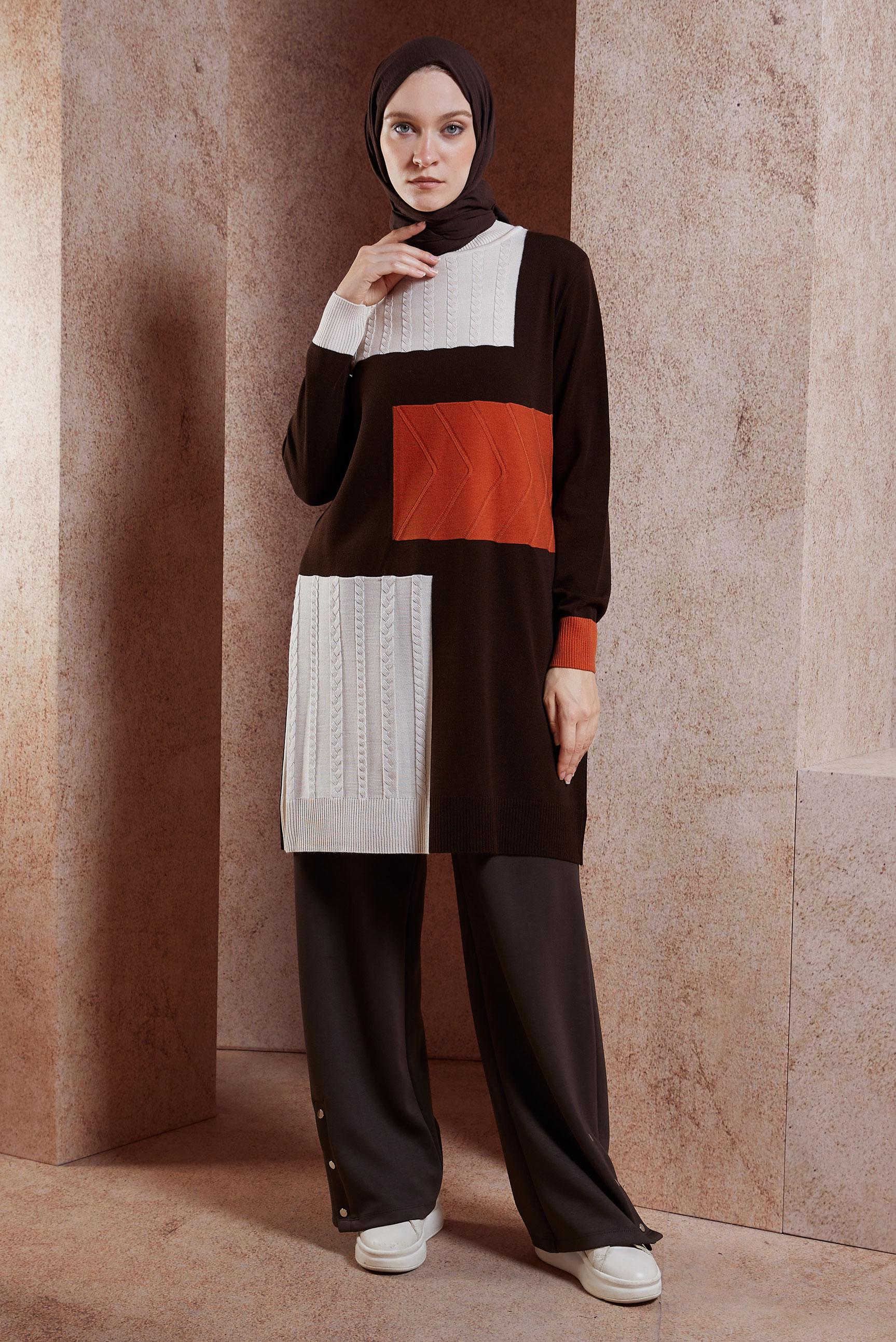 Tesettür giyim KAHVE RENK BLOKLU TRİKO TUNİK 44908