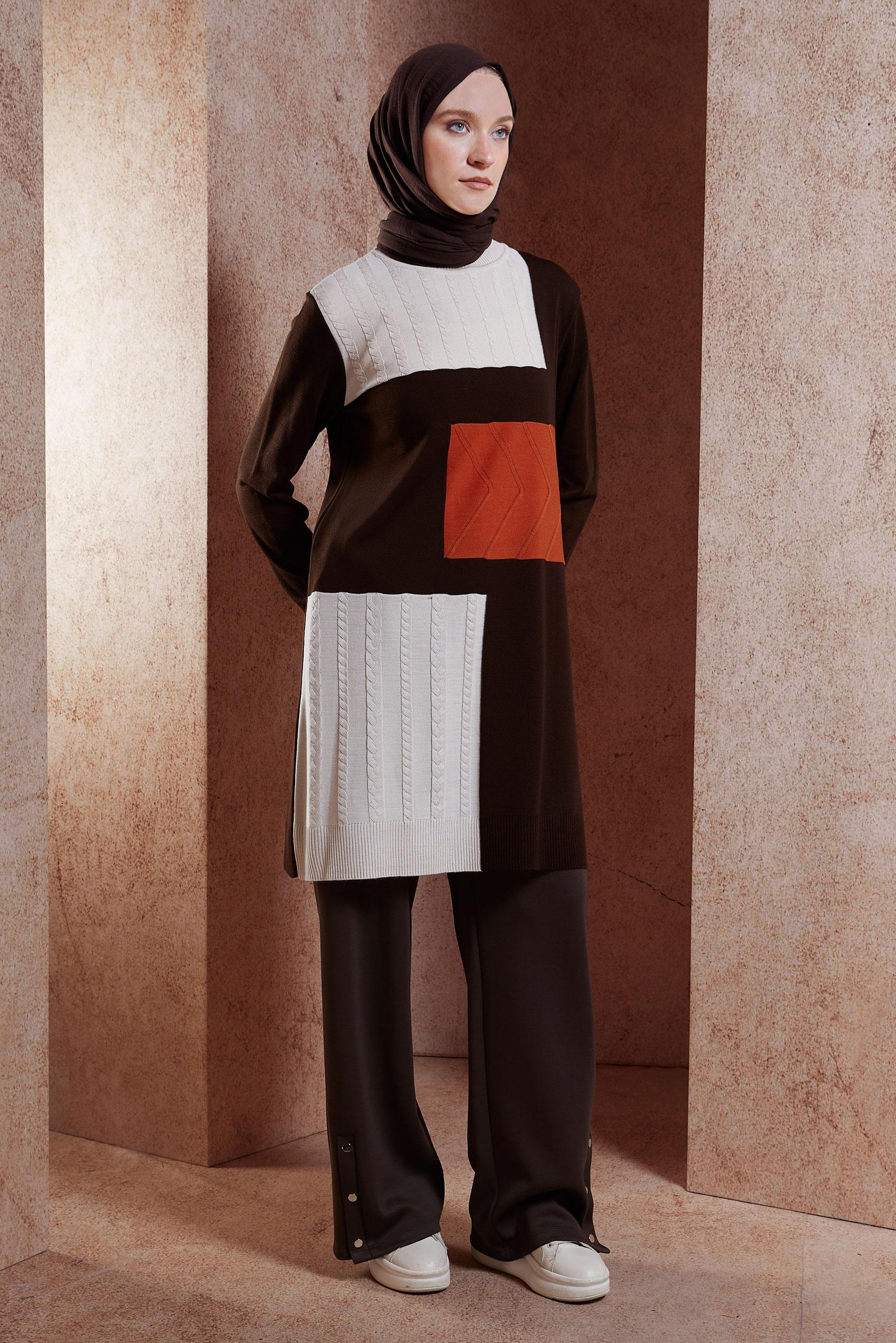 Tesettür giyim KAHVE RENK BLOKLU TRİKO TUNİK 44908