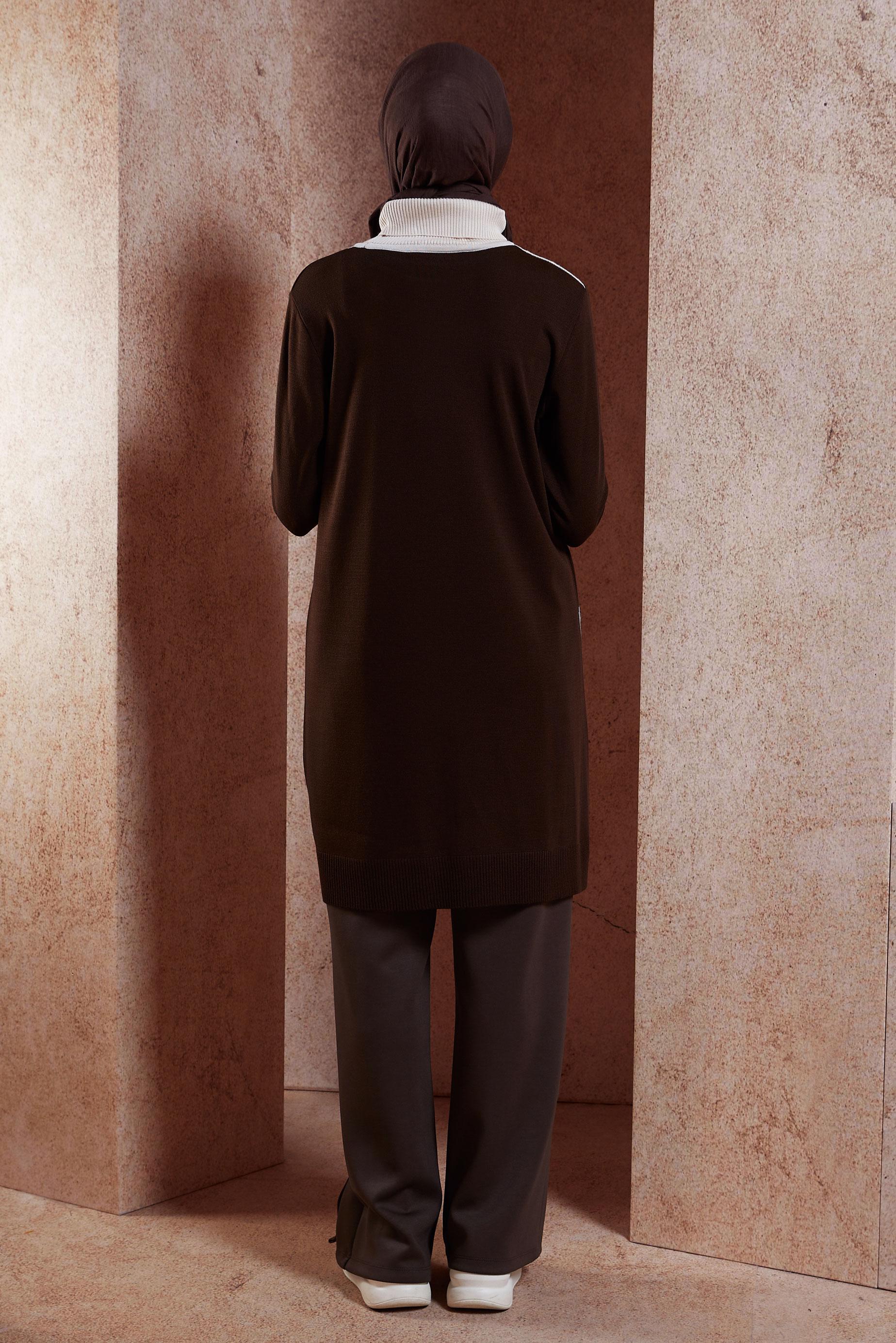 Tesettür giyim KAHVE RENK BLOKLU TRİKO TUNİK 44908