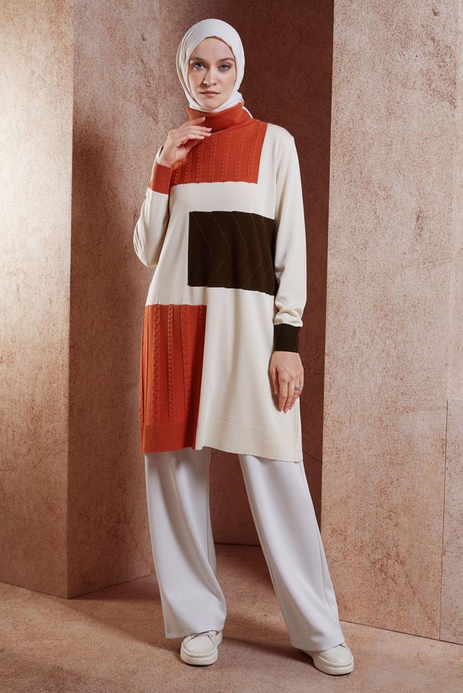 Vêtements hijab BEIGE TUNIQUE EN MAILLE COLORÉE 44908 - ALVİNA