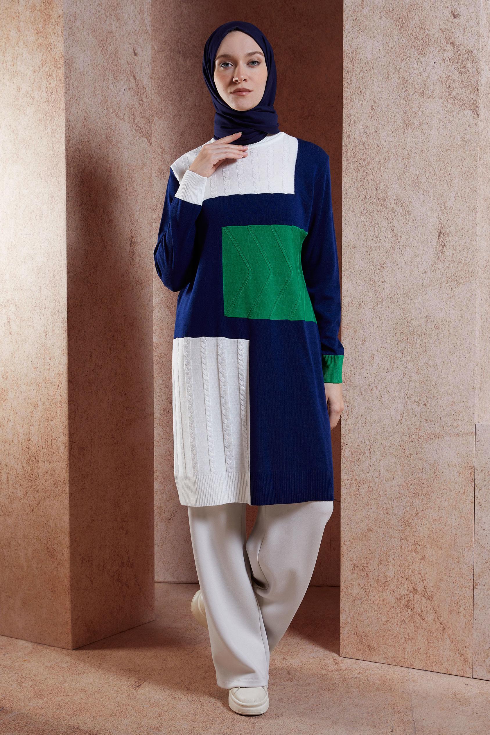 Tesettür giyim LACİVERT RENK BLOKLU TRİKO TUNİK 44908
