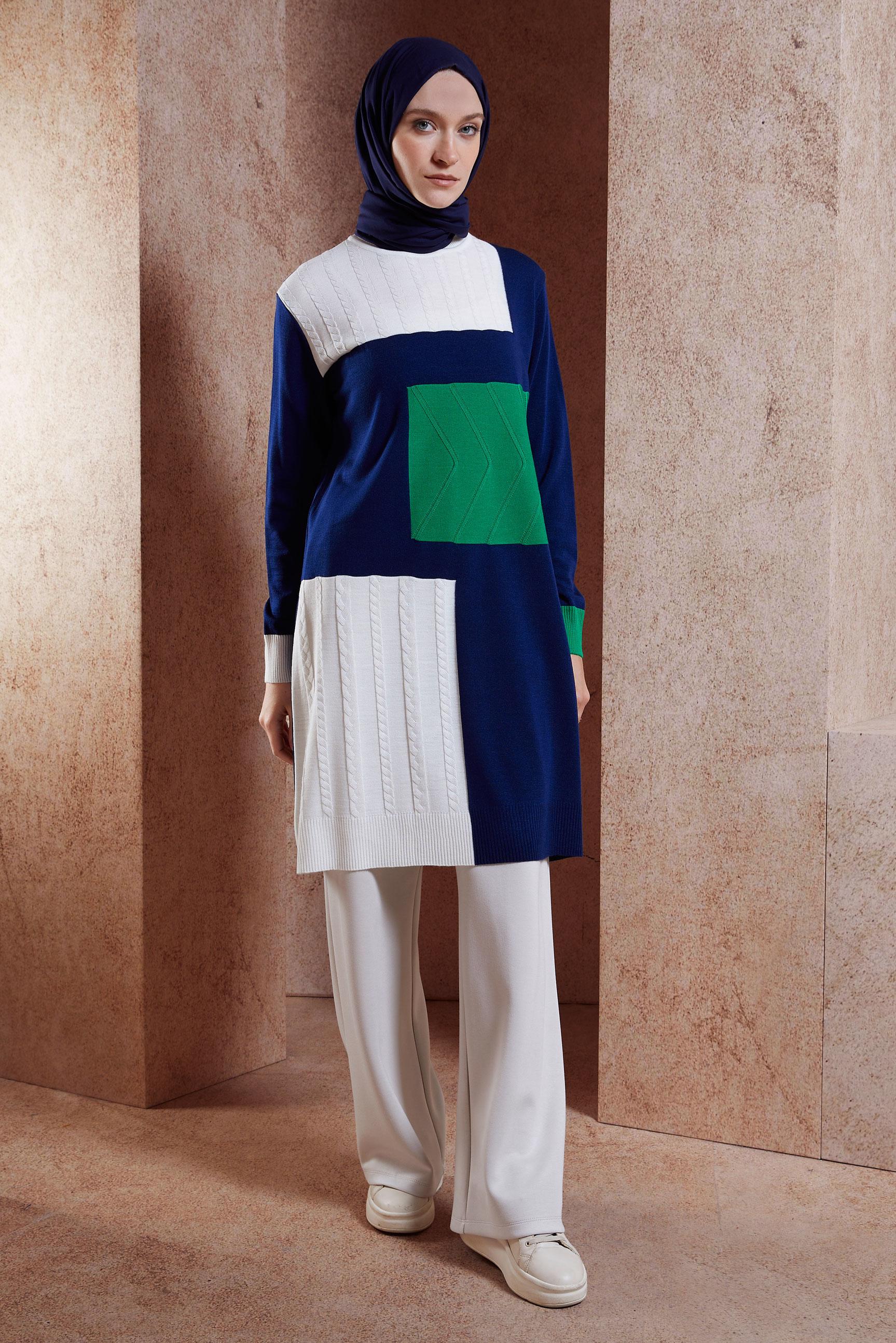 Tesettür giyim LACİVERT RENK BLOKLU TRİKO TUNİK 44908