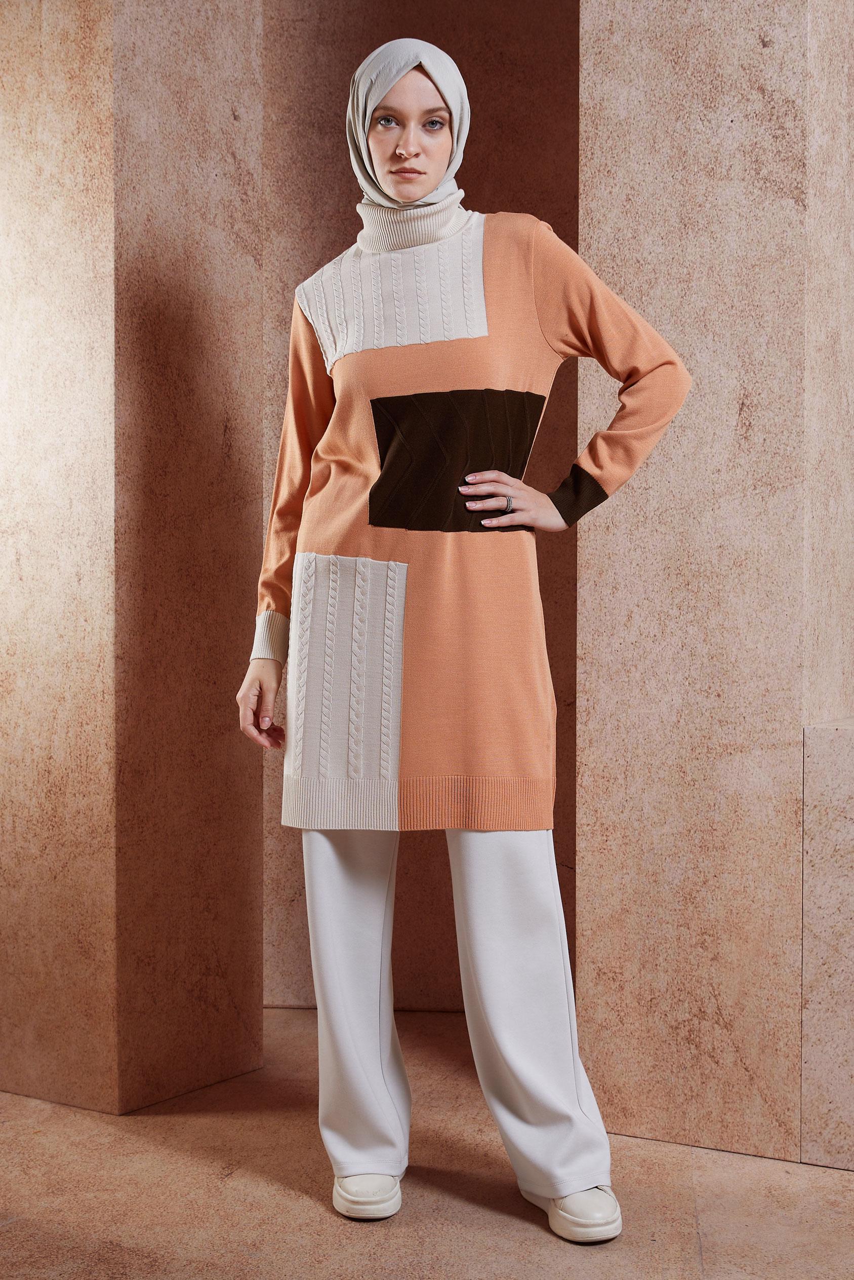 Tesettür giyim PEMBE RENK BLOKLU TRİKO TUNİK 44908