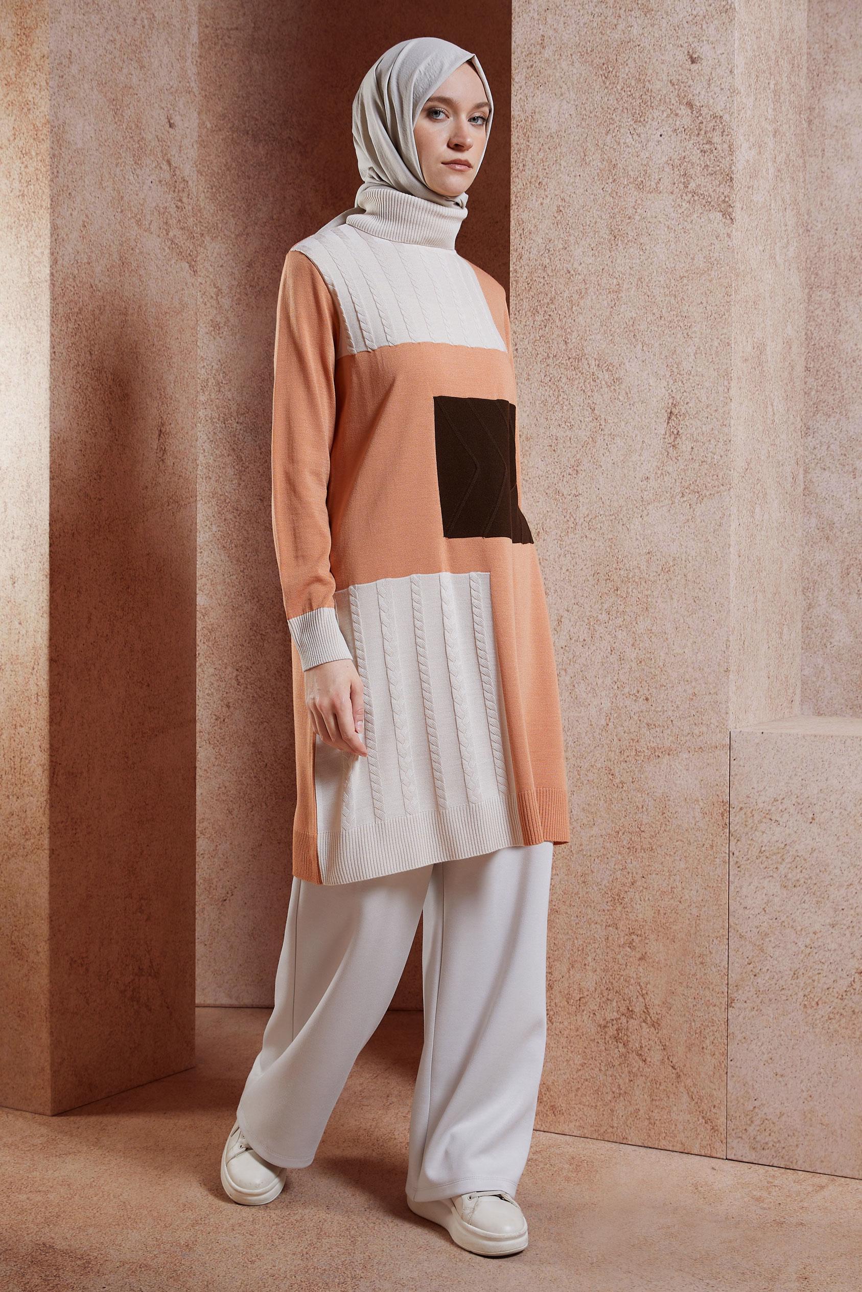 Tesettür giyim PEMBE RENK BLOKLU TRİKO TUNİK 44908