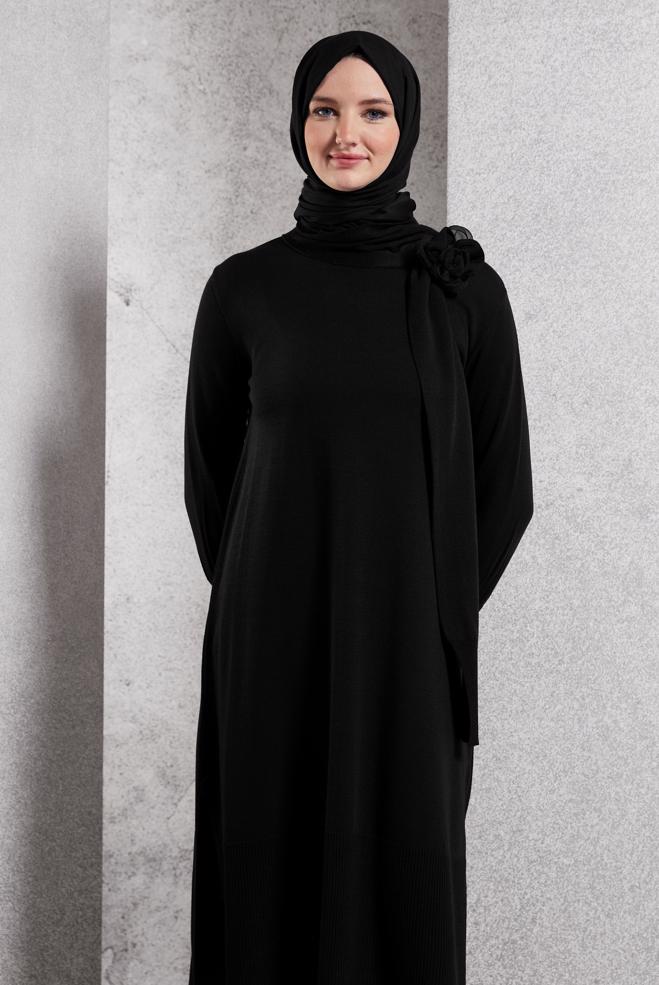 Vêtements hijab NOIR TUNIQUE EN TRICOT AVEC BROCHE 44913 - ALVİNA