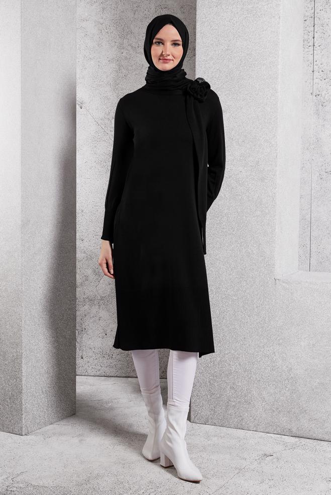Vêtements hijab NOIR TUNIQUE EN TRICOT AVEC BROCHE 44913 - ALVİNA
