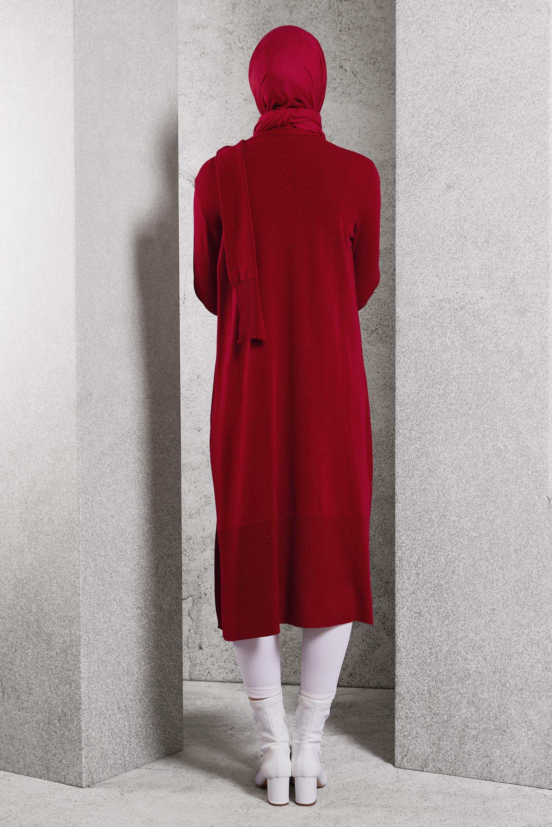 Tesettür giyim KIRMIZI BROŞ DETAYLI TRİKO TUNİK 44913