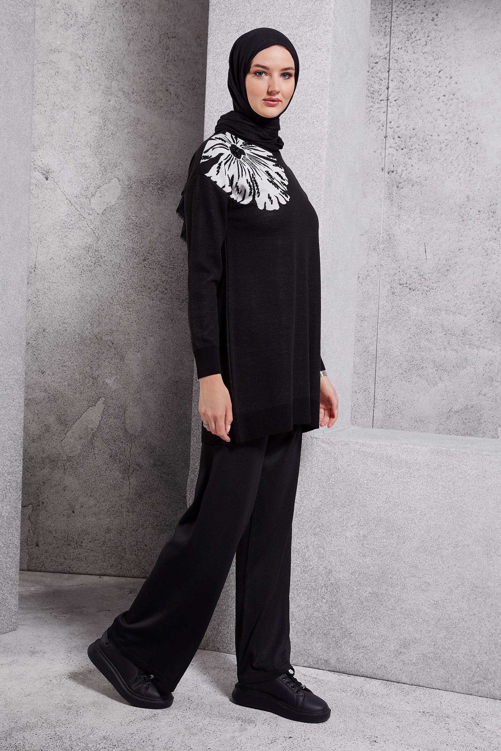 Tesettür giyim SİYAH BONCUK İŞLEMELİ TRİKO TUNİK 44914
