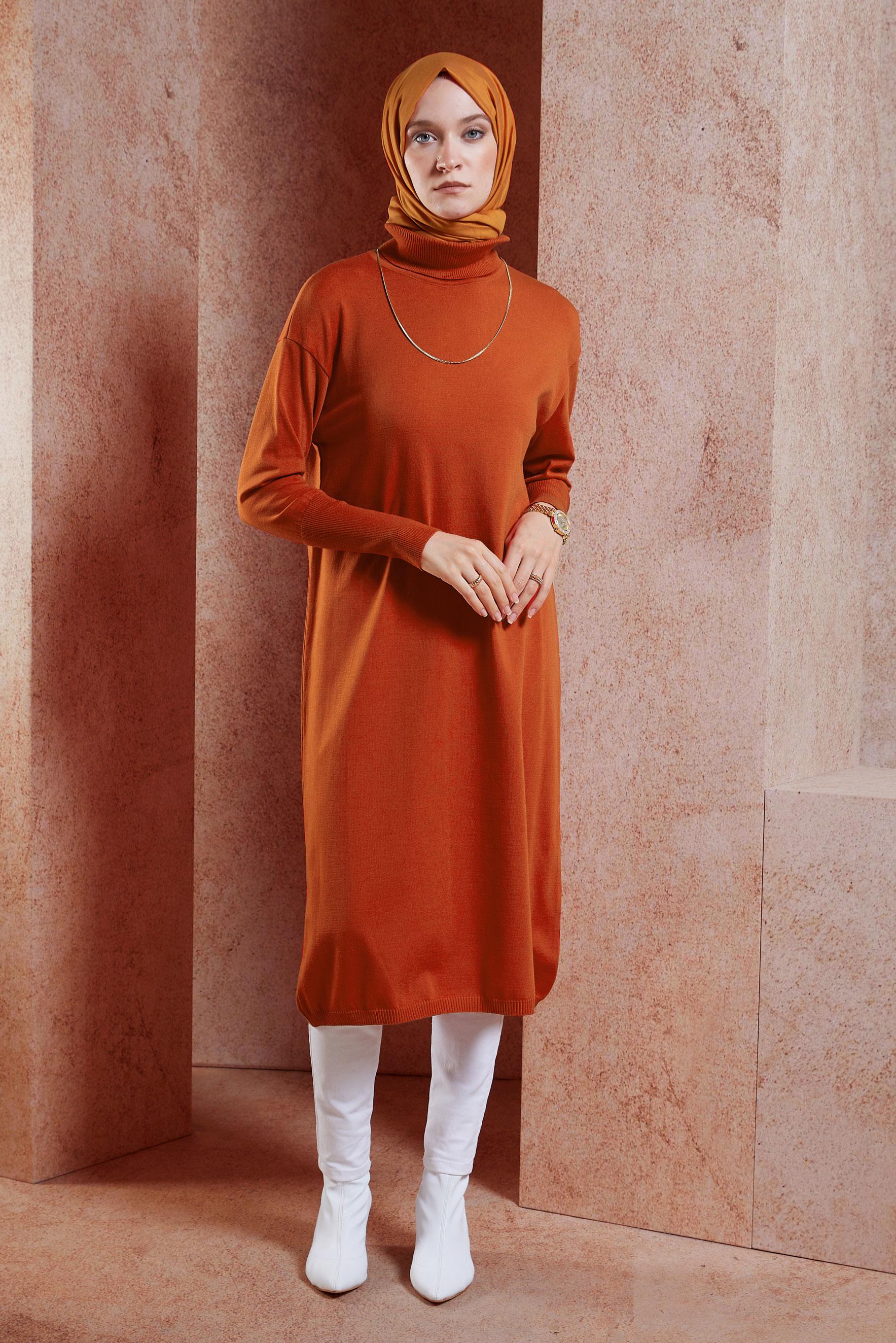 Tesettür giyim TURUNCU UZUN TRİKO TUNİK 44925