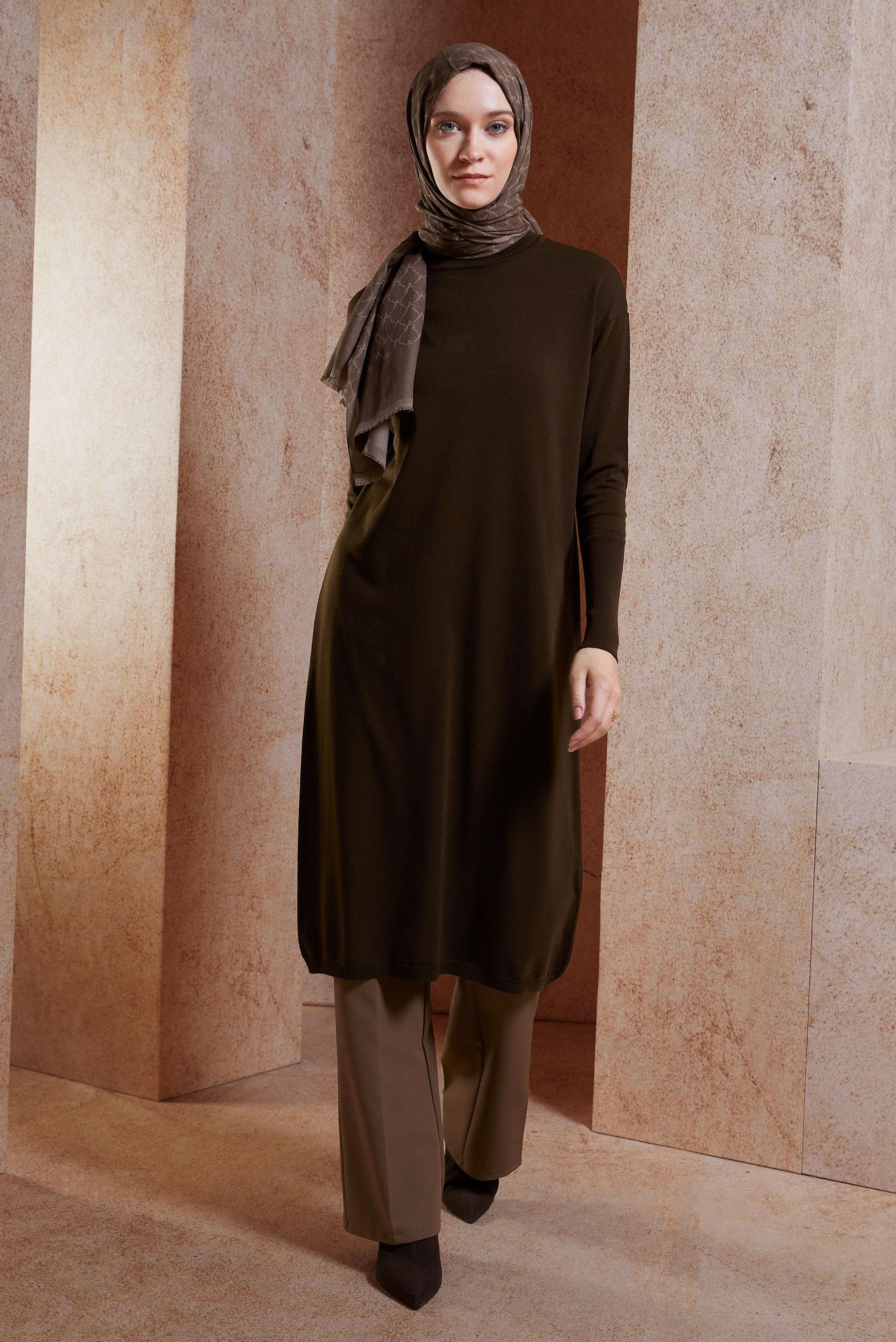 Tesettür giyim KAHVE UZUN TRİKO TUNİK 44925