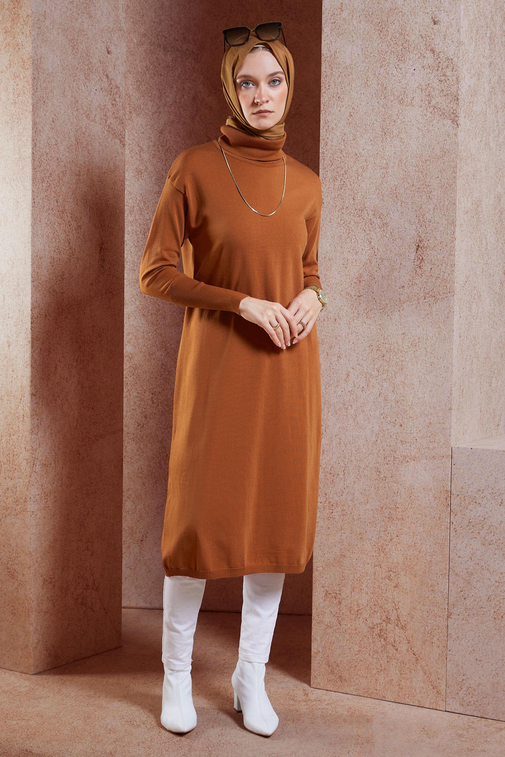 Tesettür giyim TURUNCU UZUN TRİKO TUNİK 44925