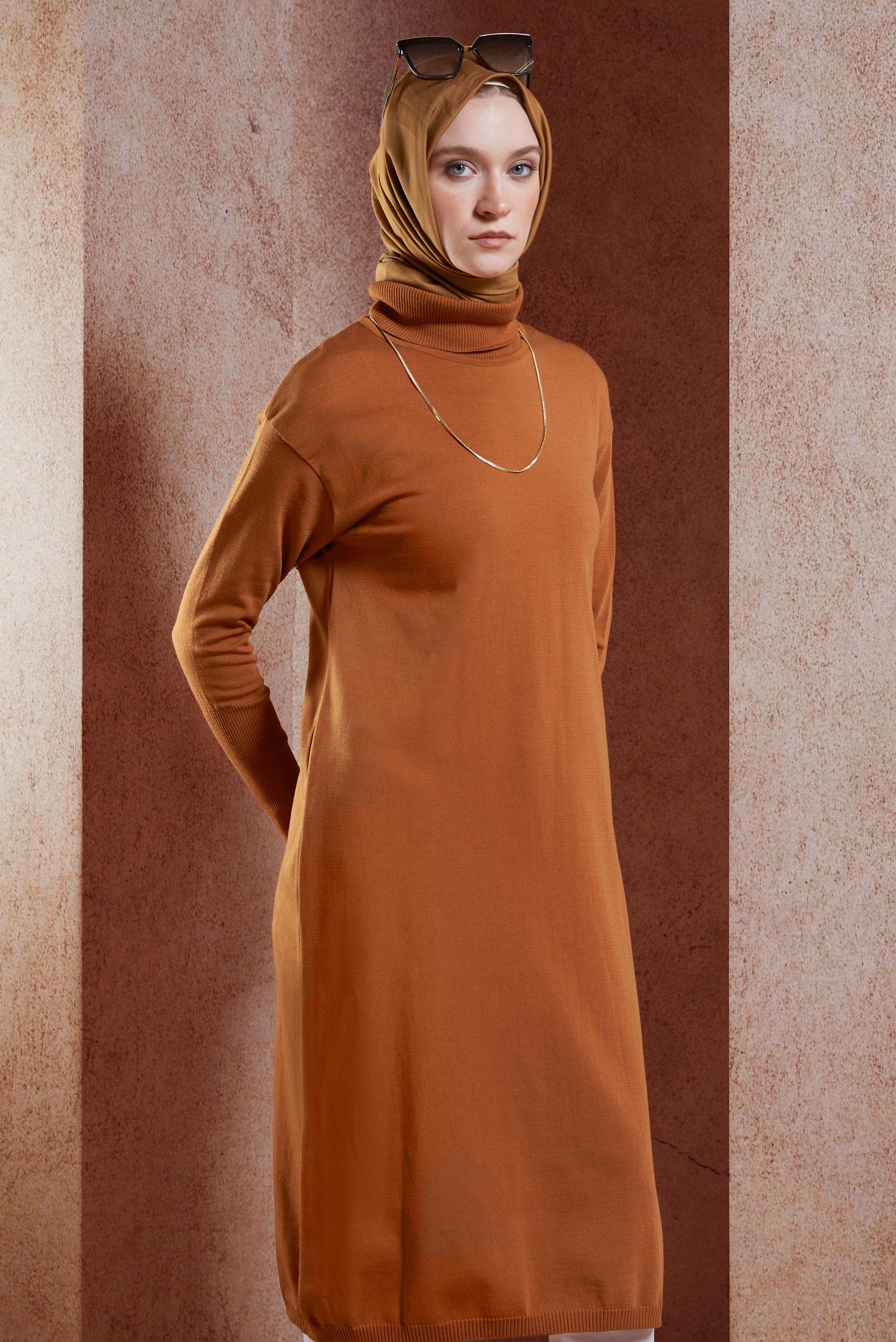 Tesettür giyim TURUNCU UZUN TRİKO TUNİK 44925