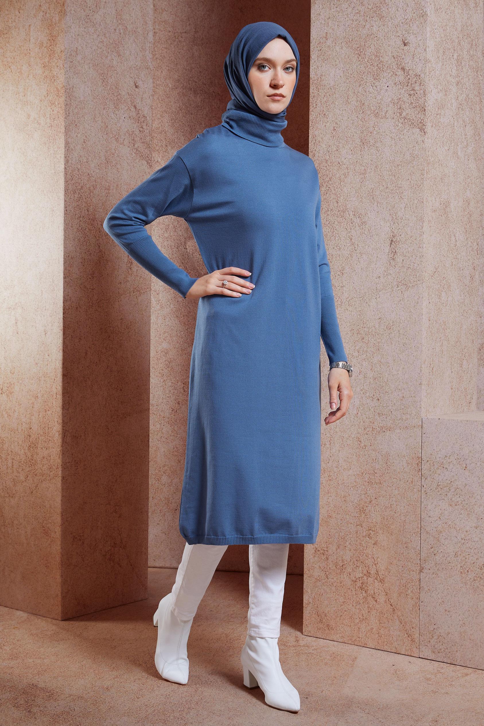 Tesettür giyim MAVİ UZUN TRİKO TUNİK 44925