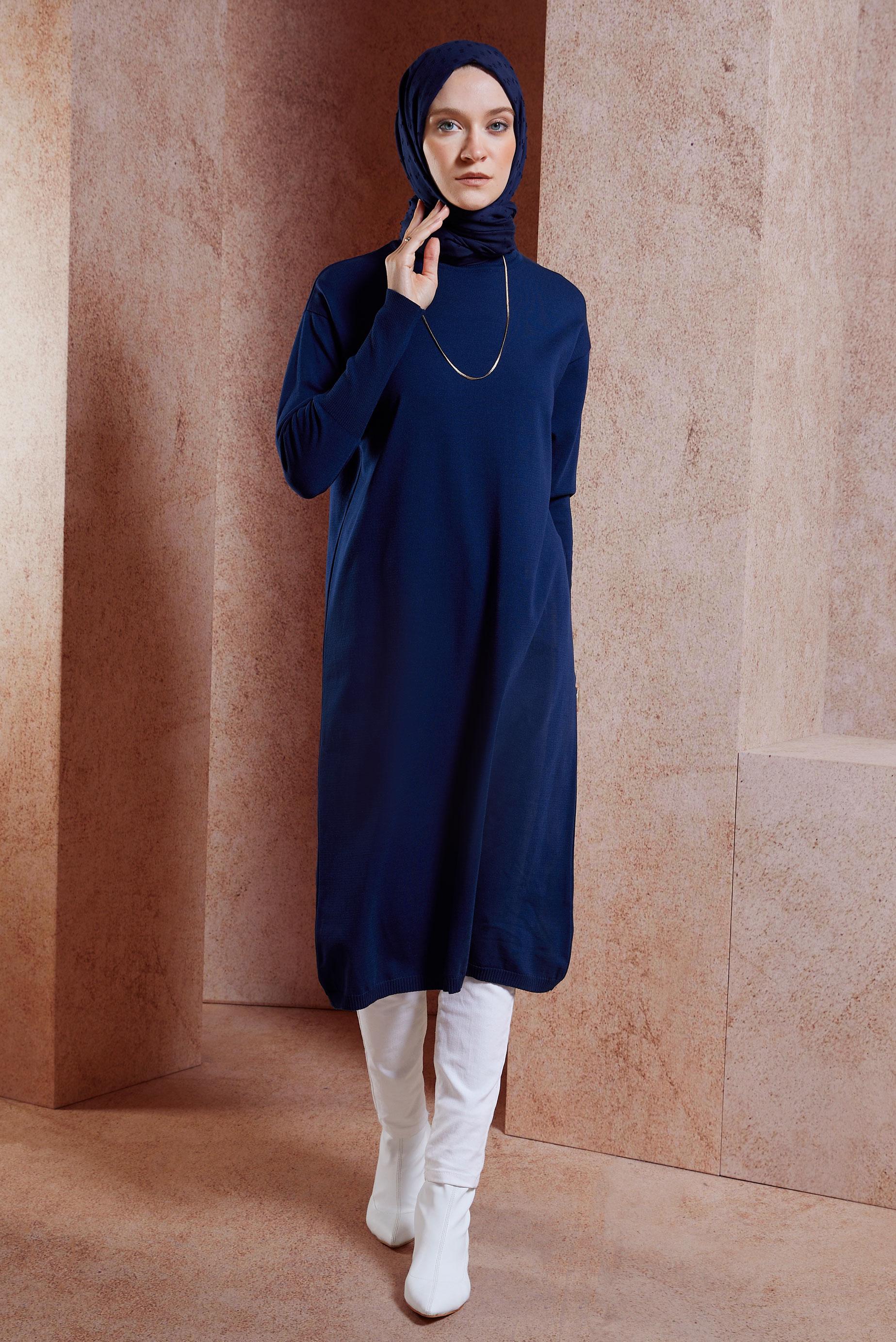 Tesettür giyim LACİVERT UZUN TRİKO TUNİK 44925