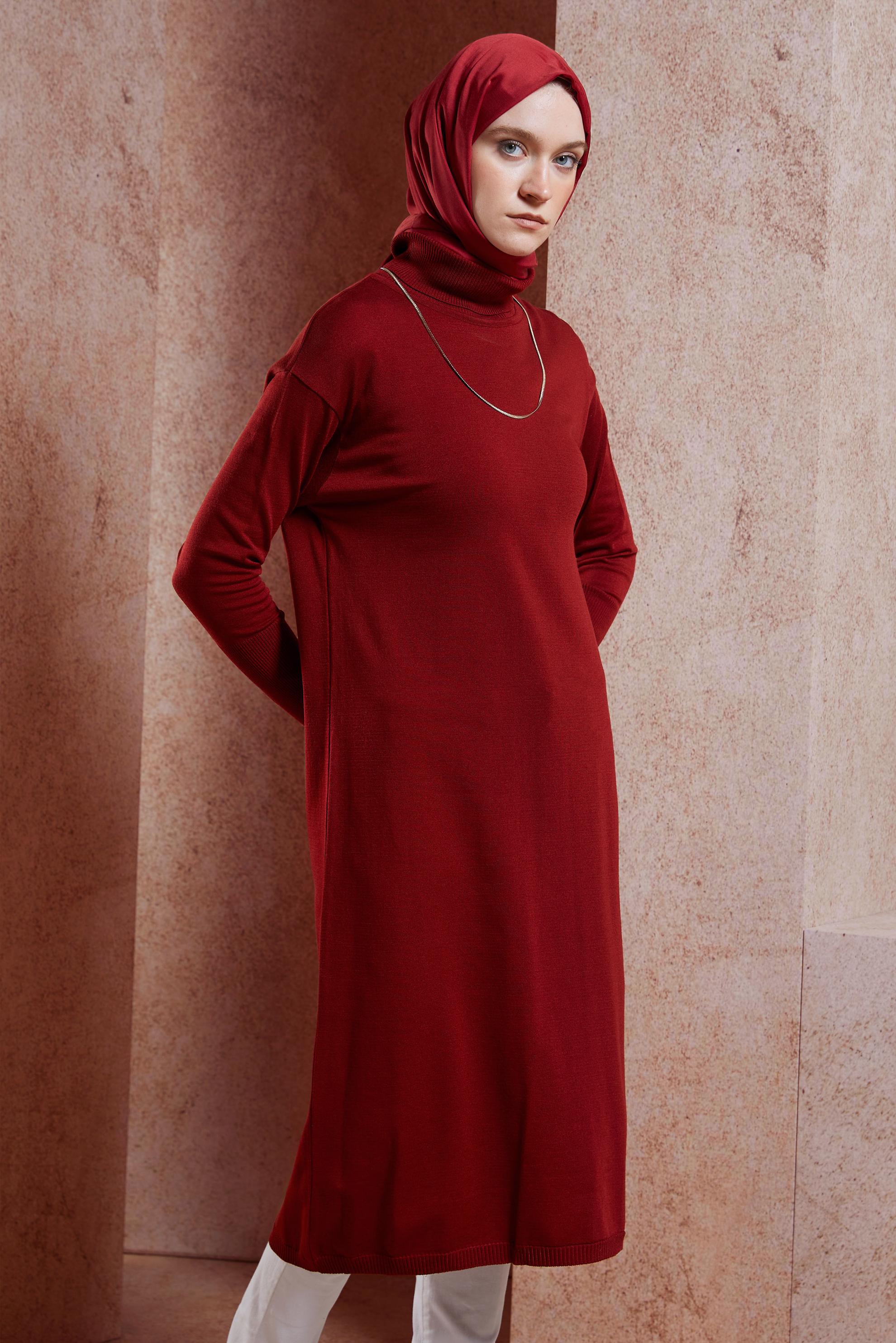 Tesettür giyim BORDO UZUN TRİKO TUNİK 44925