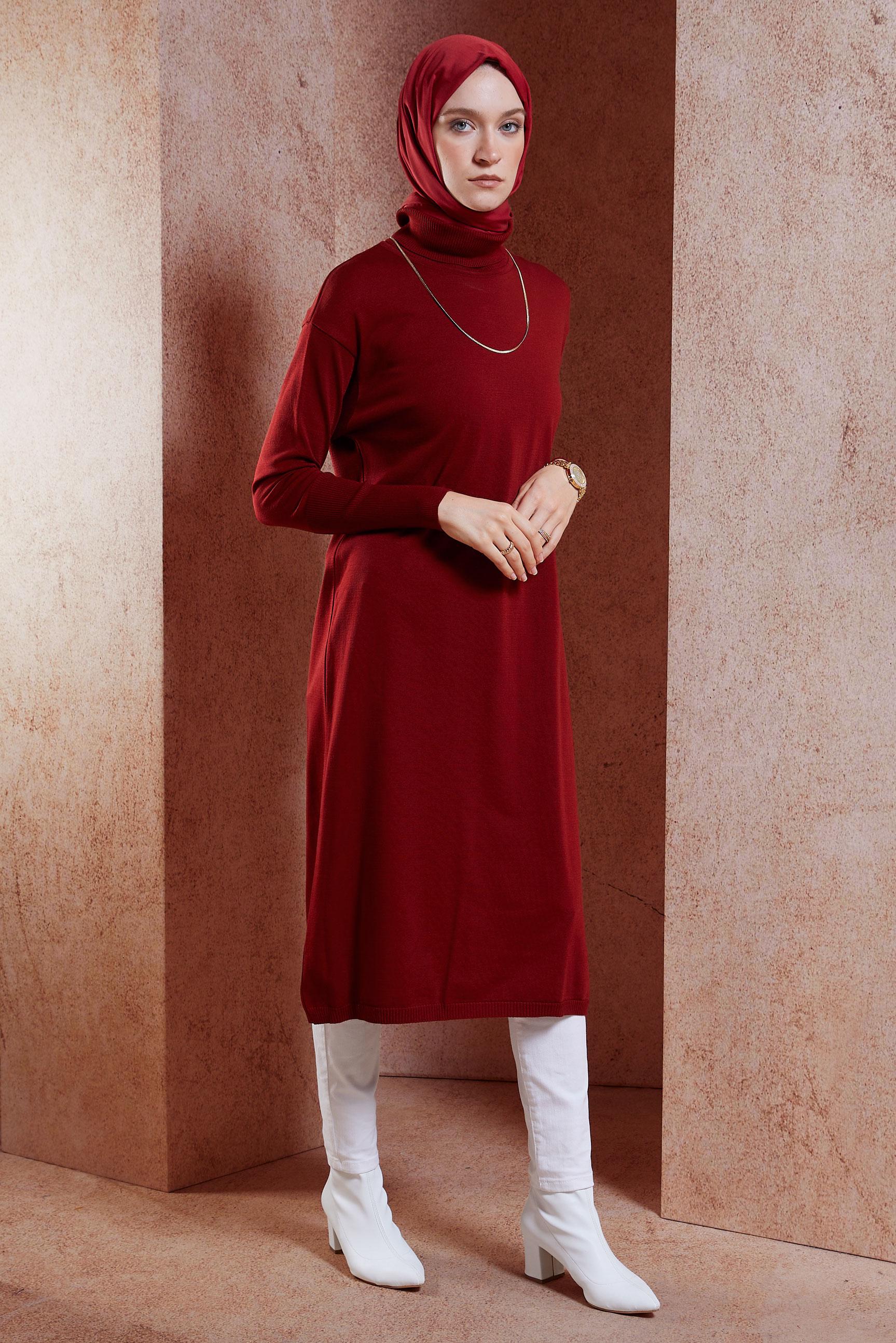 Tesettür giyim BORDO UZUN TRİKO TUNİK 44925