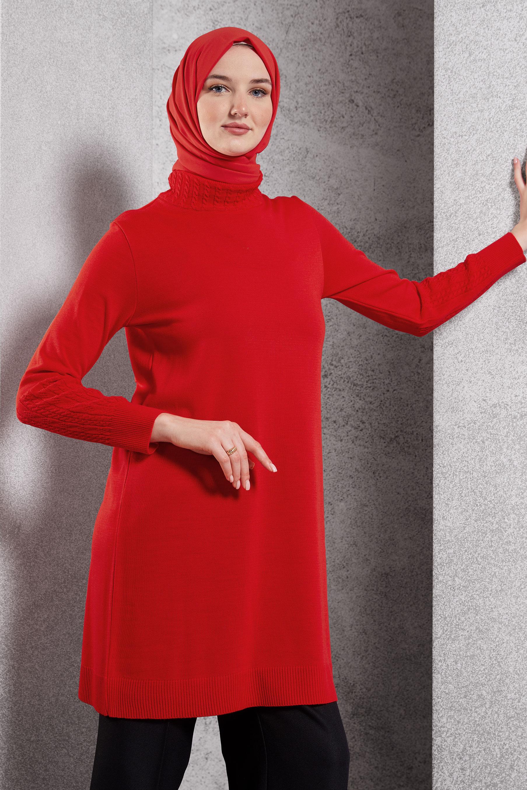 Tesettür giyim KIRMIZI TRİKO TUNİK 44926