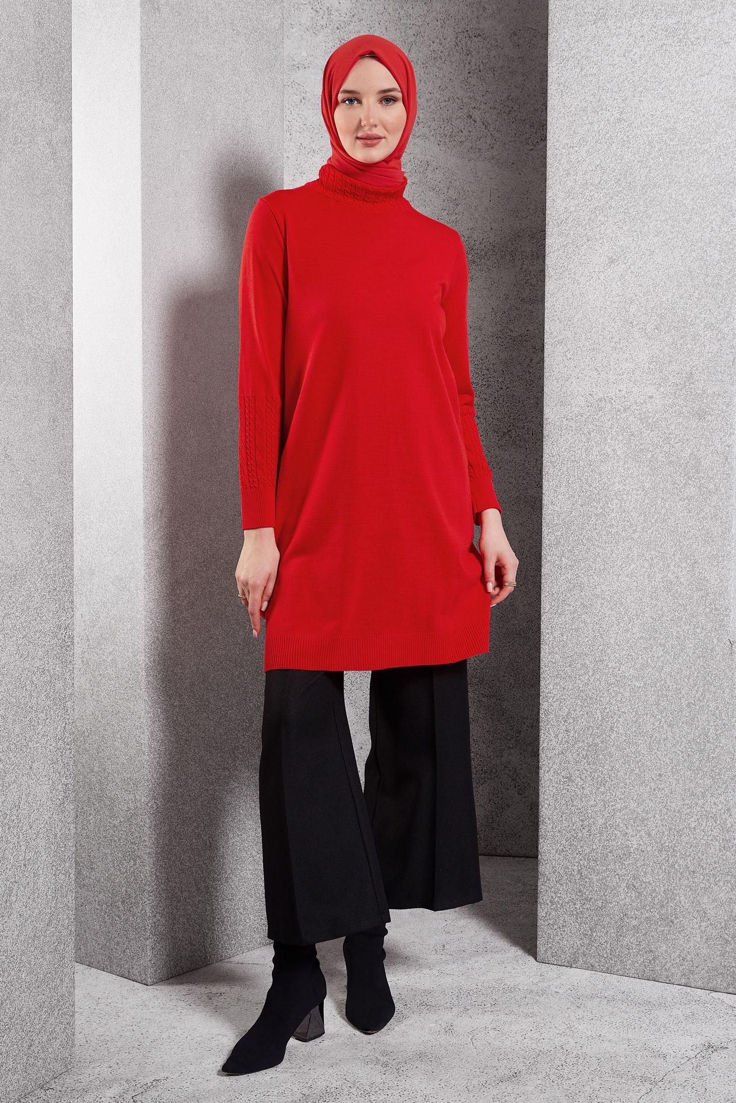 Tesettür giyim KIRMIZI TRİKO TUNİK 44926