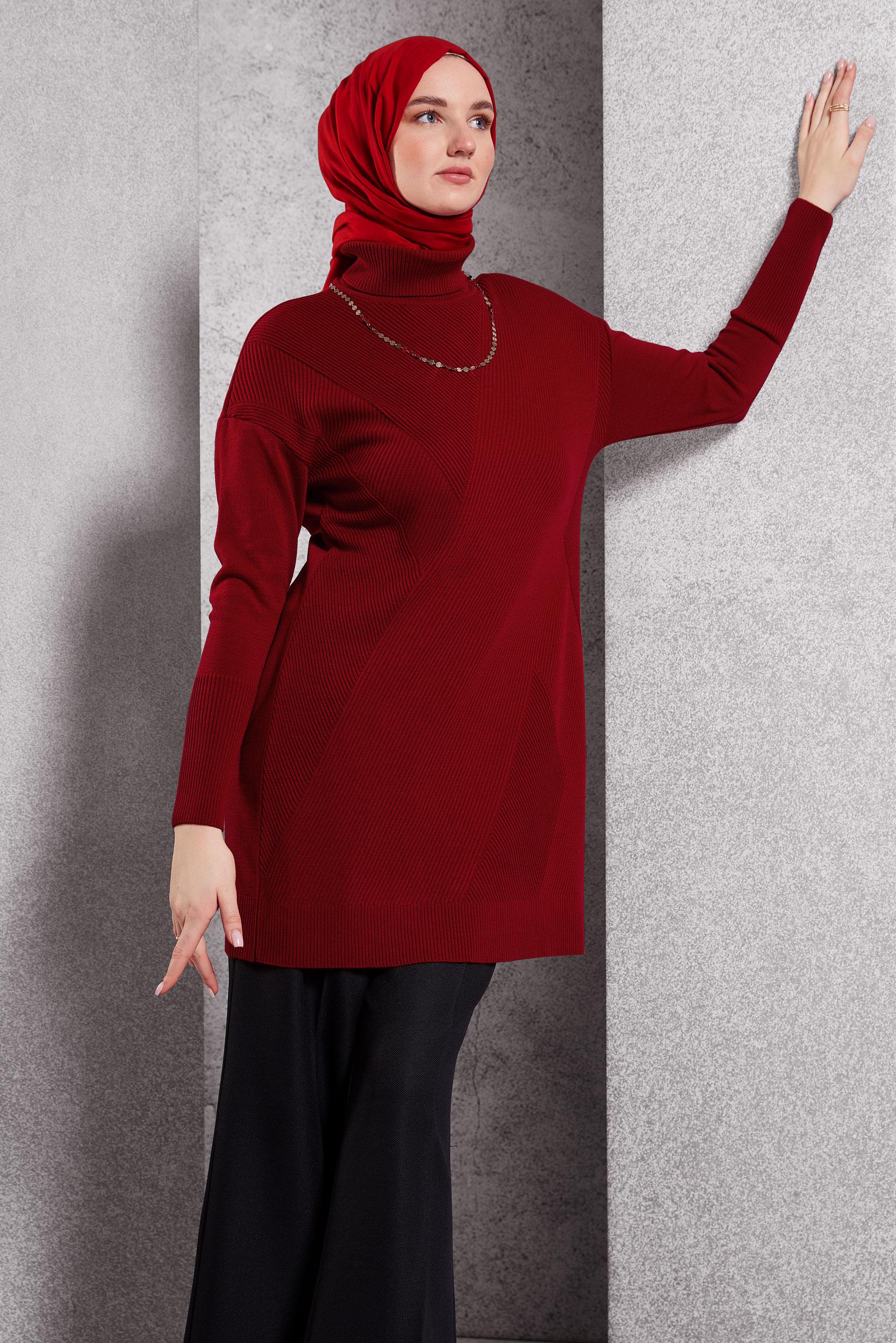 Tesettür giyim KIRMIZI TRİKO TUNİK 44927