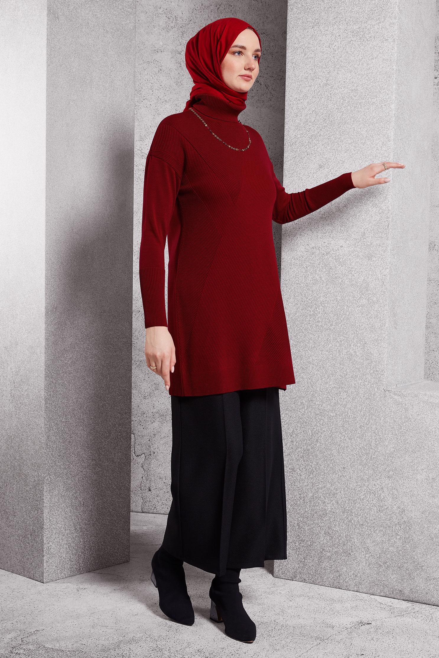 Tesettür giyim KIRMIZI TRİKO TUNİK 44927