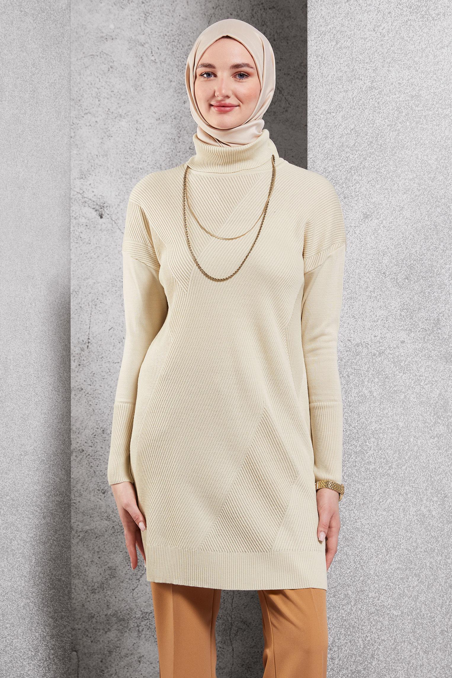 Tesettür giyim BEJ TRİKO TUNİK 44927