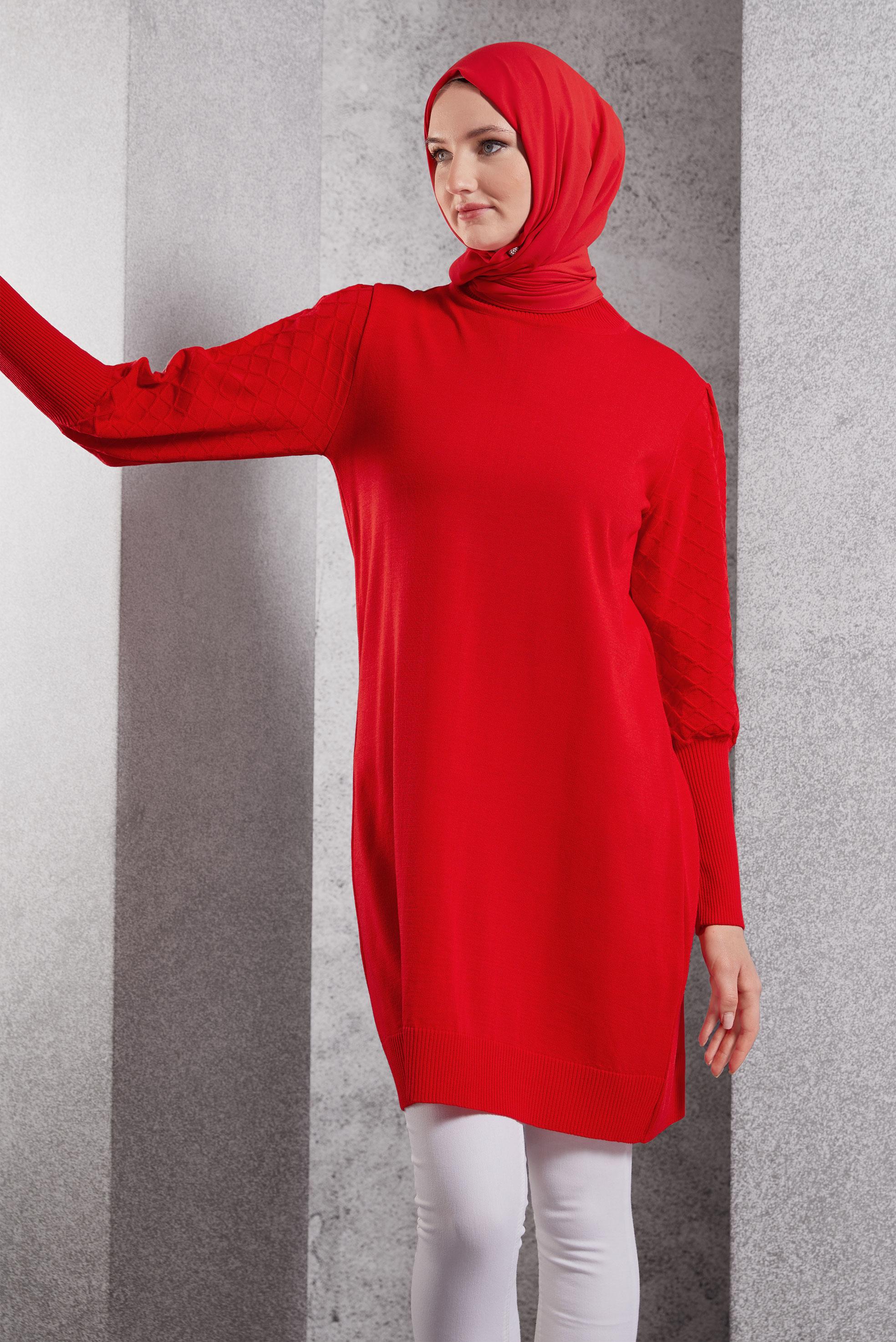 Tesettür giyim KIRMIZI TRİKO TUNİK 44928