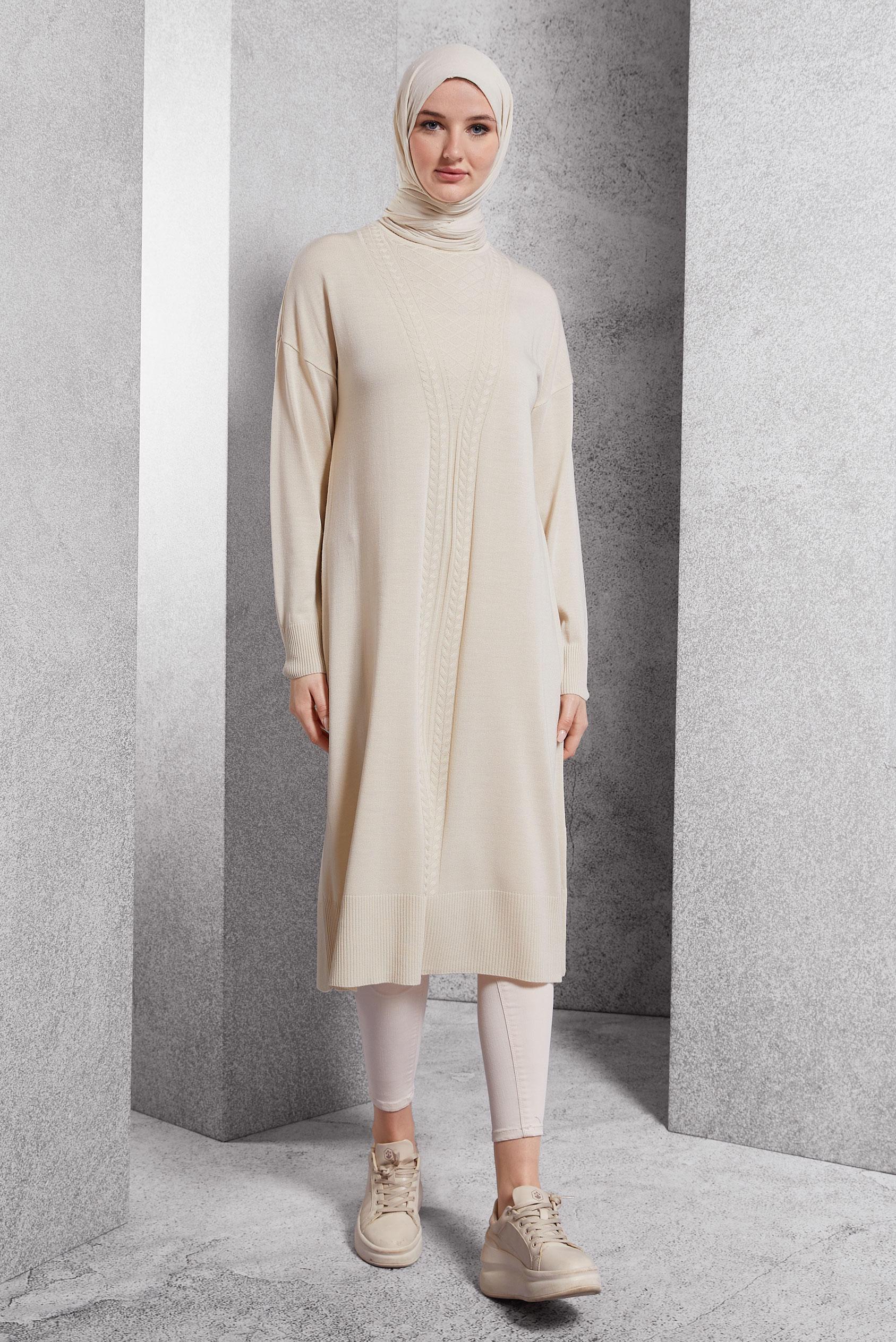 Tesettür giyim BEJ UZUN TRİKO TUNİK 44929