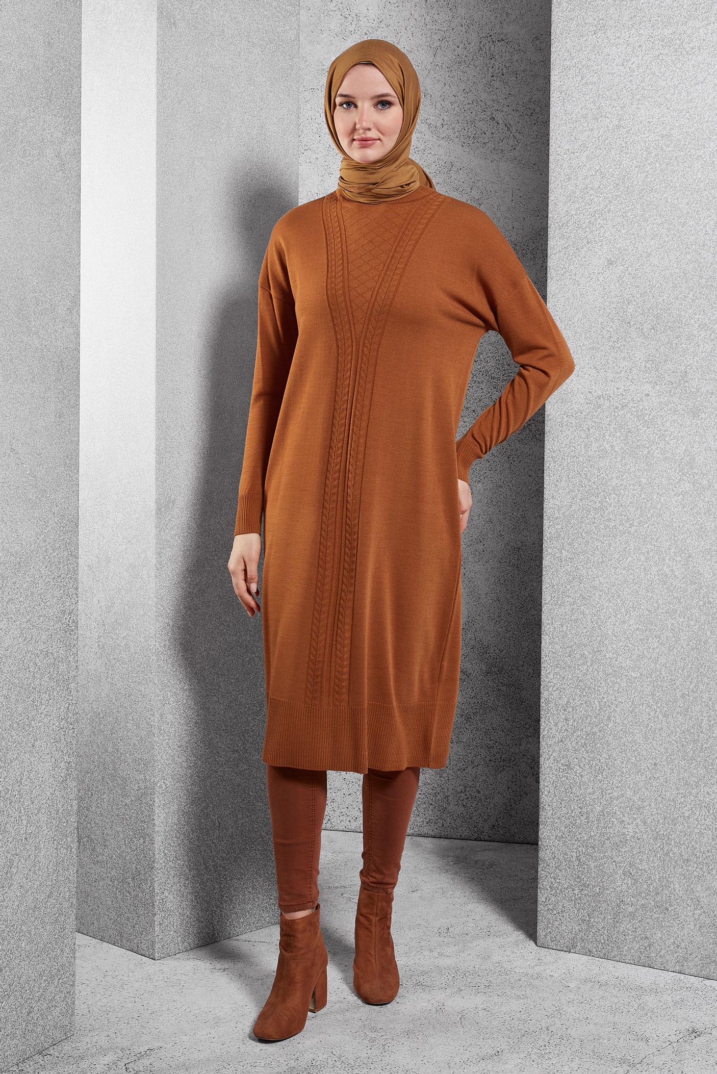 Tesettür giyim TURUNCU UZUN TRİKO TUNİK 44929