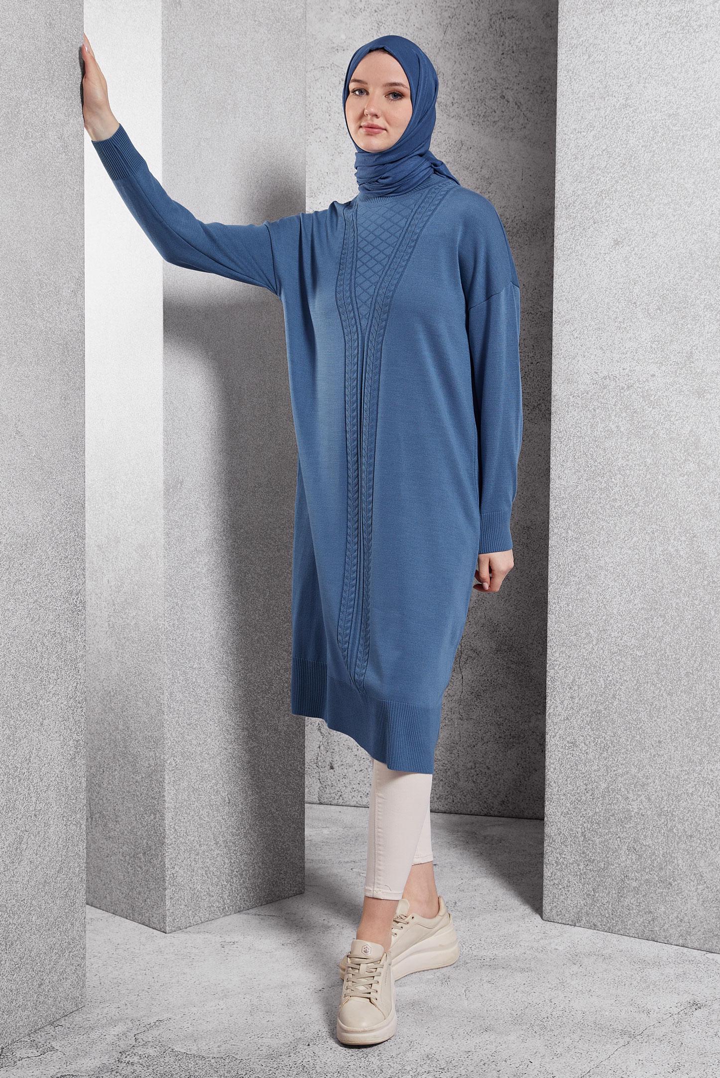 Tesettür giyim MAVİ UZUN TRİKO TUNİK 44929