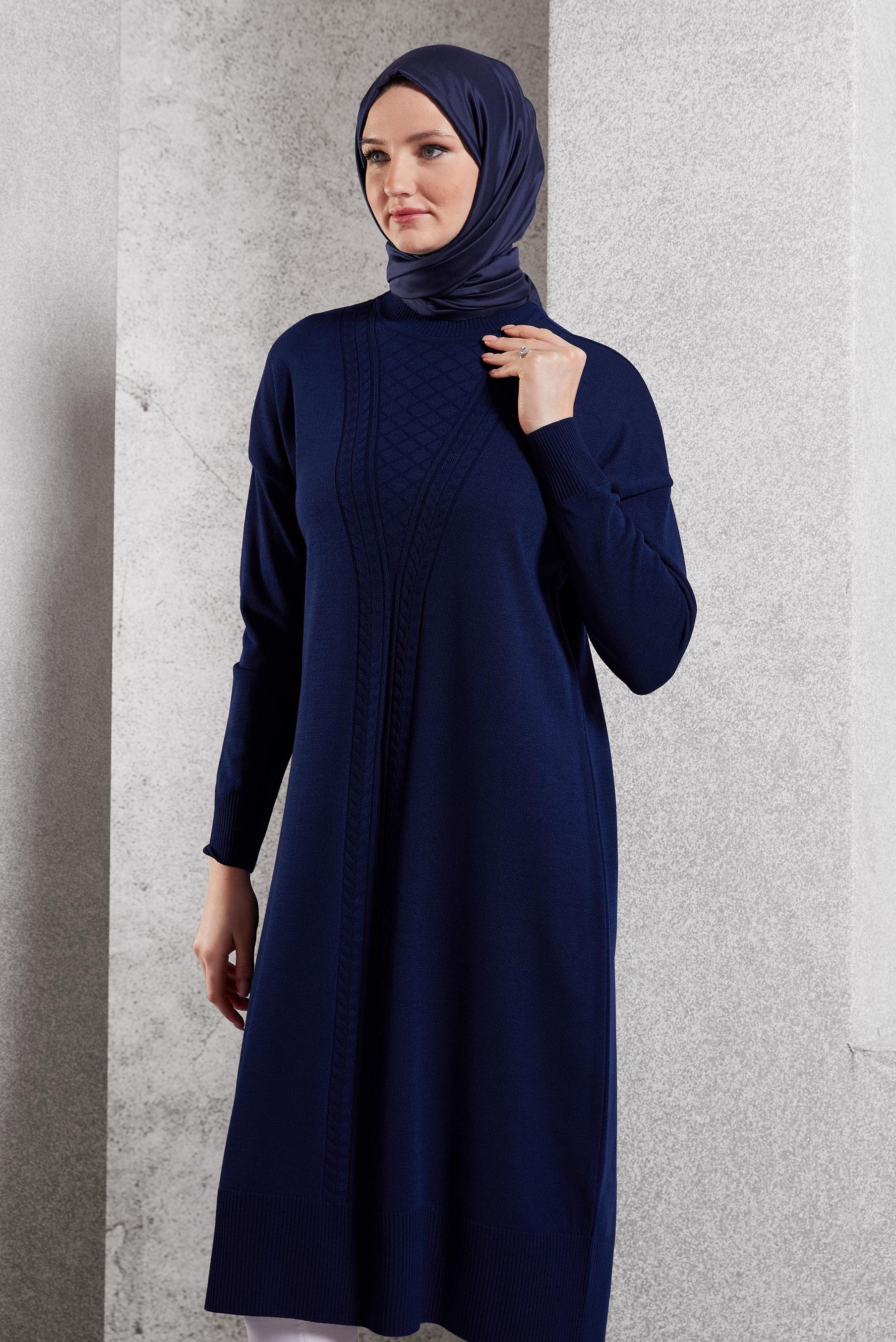 Tesettür giyim LACİVERT UZUN TRİKO TUNİK 44929