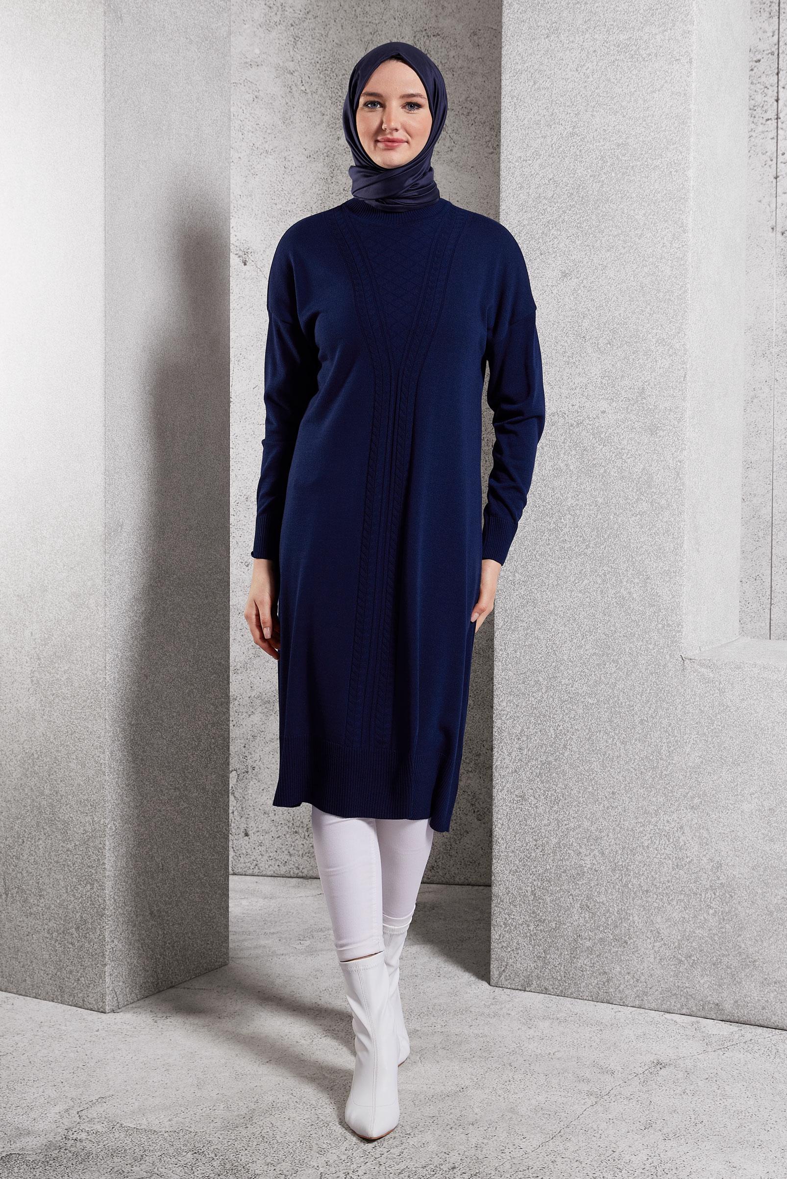 Tesettür giyim LACİVERT UZUN TRİKO TUNİK 44929