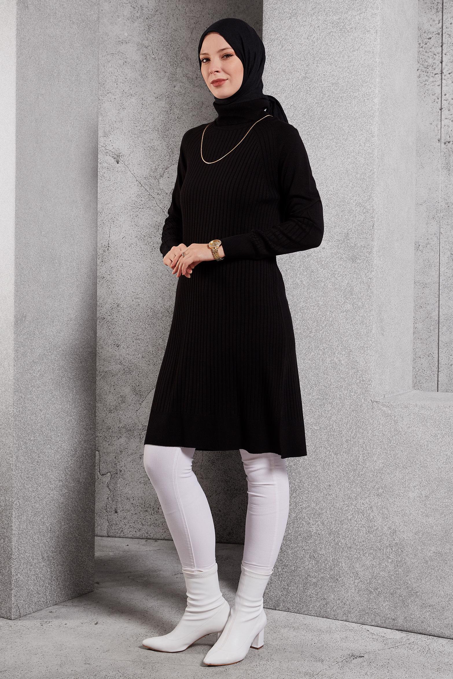 Tesettür giyim SİYAH BOĞAZLI YAKA TRİKO TUNİK 44930