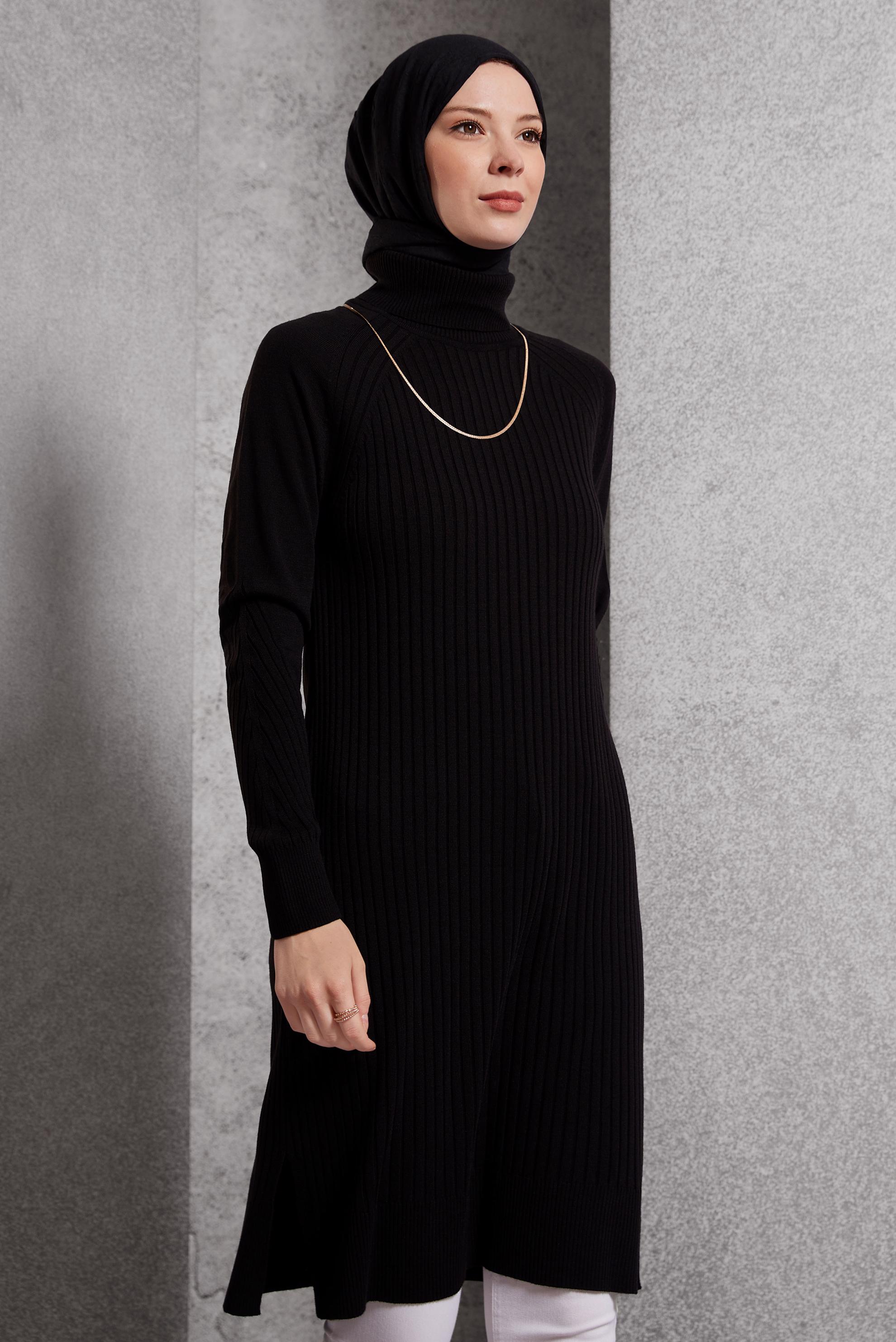 Tesettür giyim SİYAH BOĞAZLI YAKA TRİKO TUNİK 44930