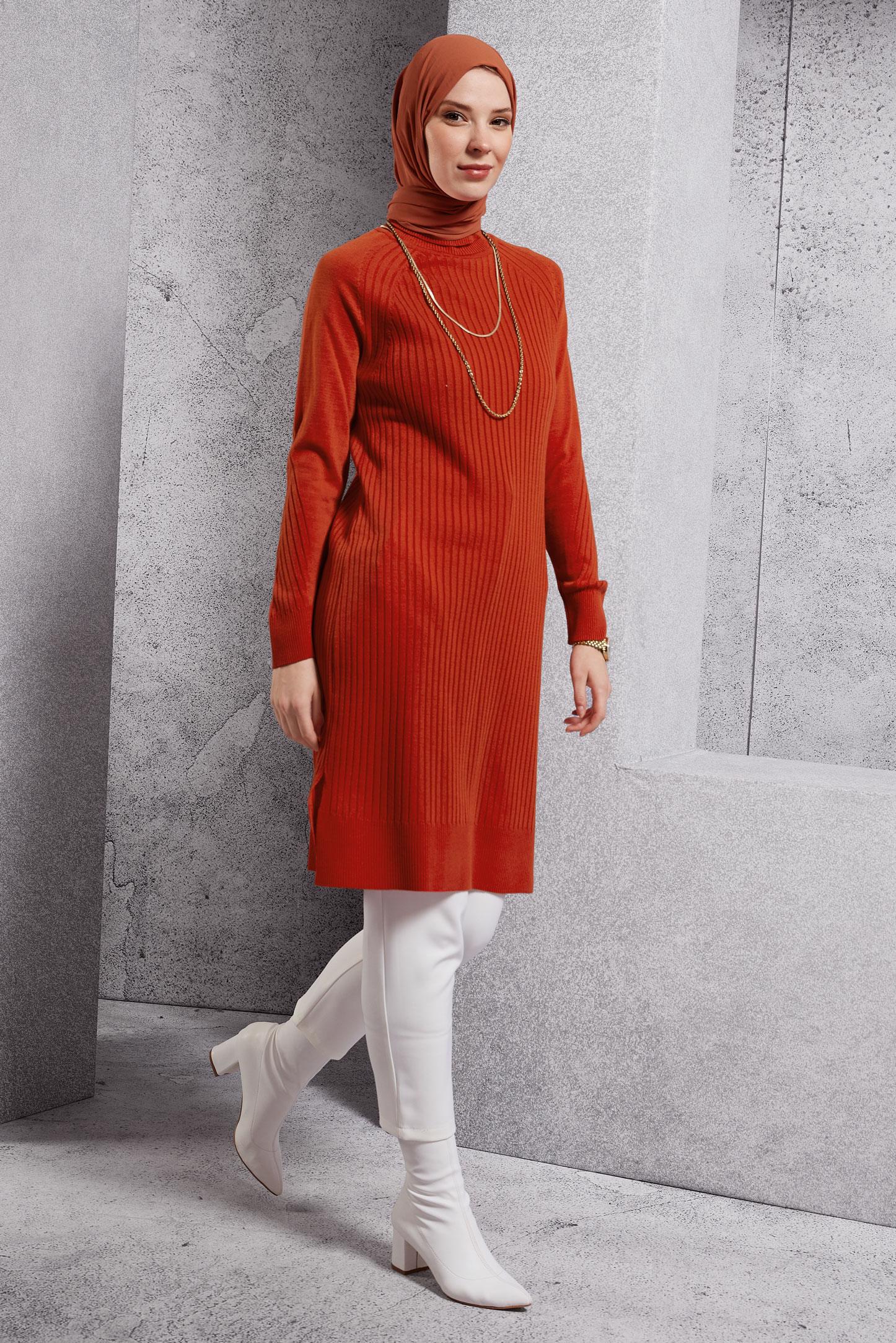 Tesettür giyim TURUNCU BOĞAZLI YAKA TRİKO TUNİK 44930
