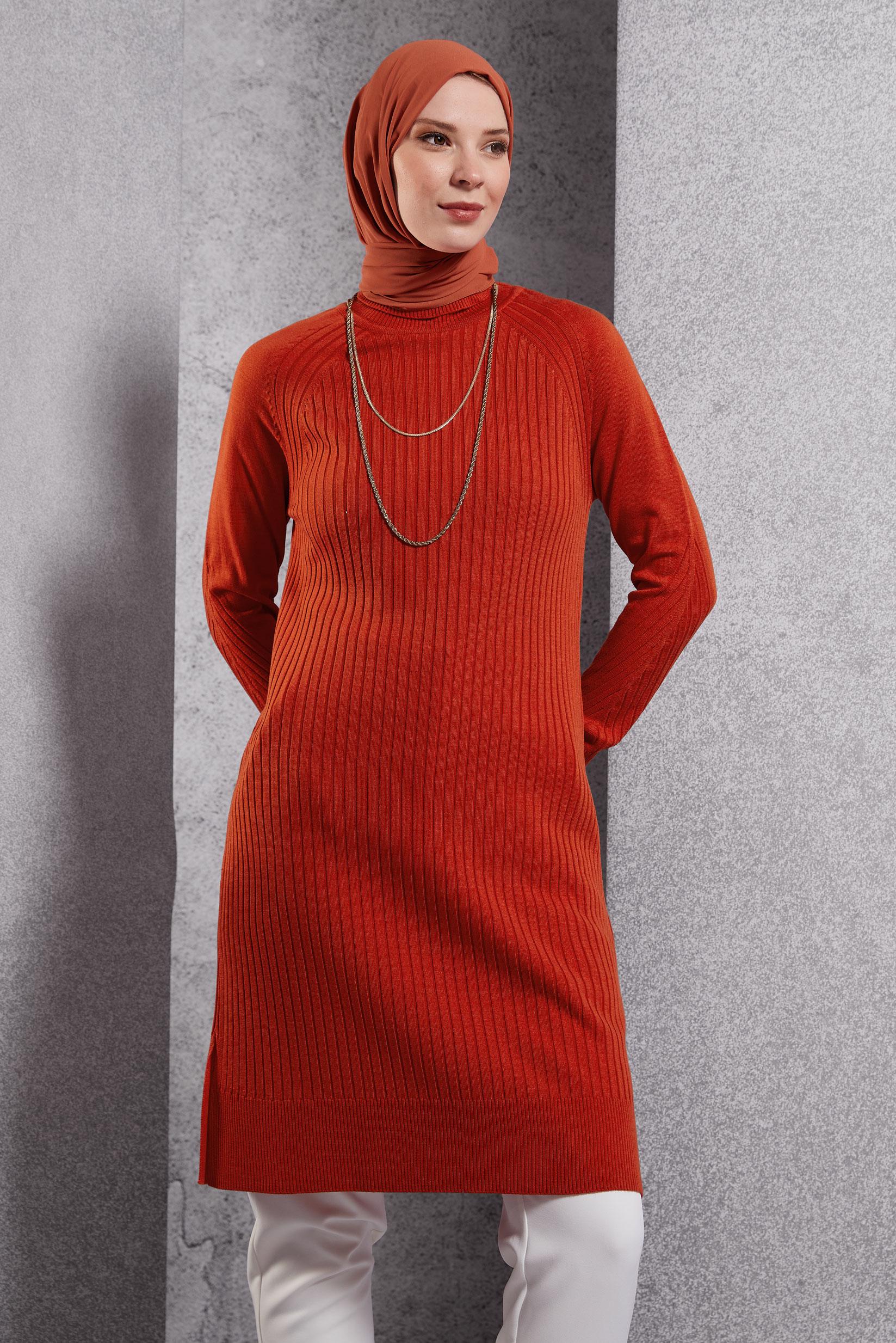 Tesettür giyim TURUNCU BOĞAZLI YAKA TRİKO TUNİK 44930