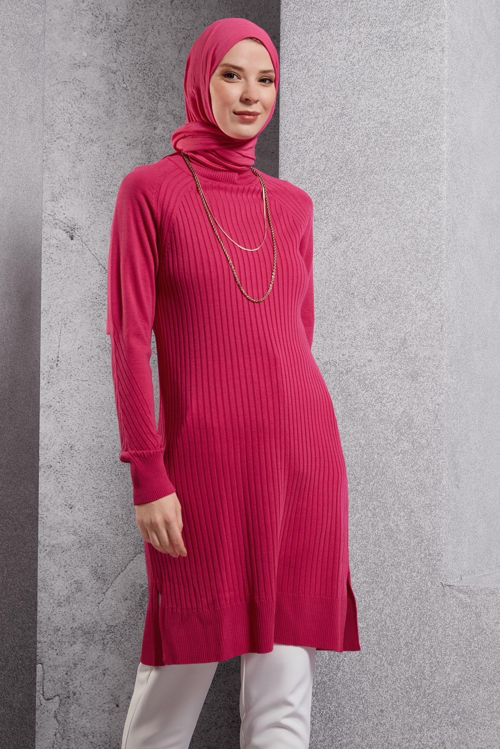 Tesettür giyim FUŞYA BOĞAZLI YAKA TRİKO TUNİK 44930