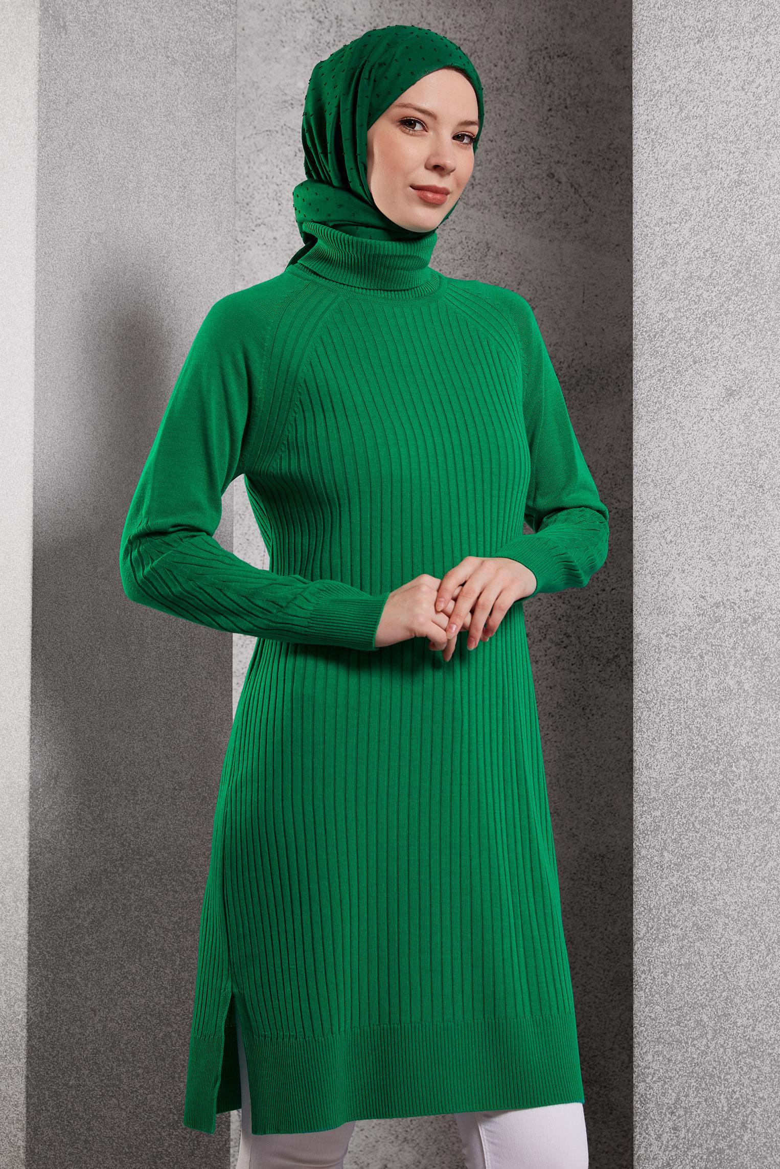 Tesettür giyim YEŞİL BOĞAZLI YAKA TRİKO TUNİK 44930