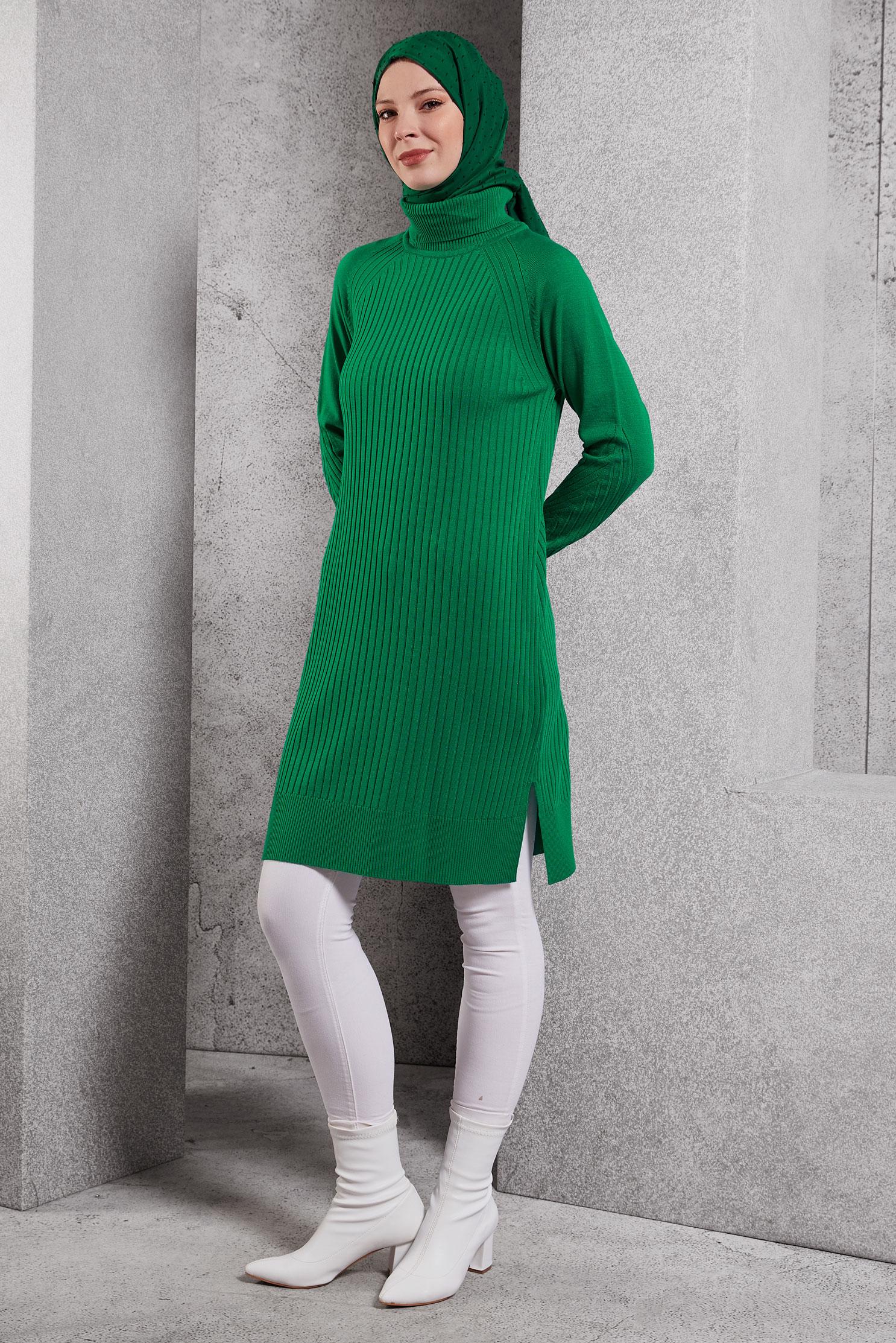 Tesettür giyim YEŞİL BOĞAZLI YAKA TRİKO TUNİK 44930