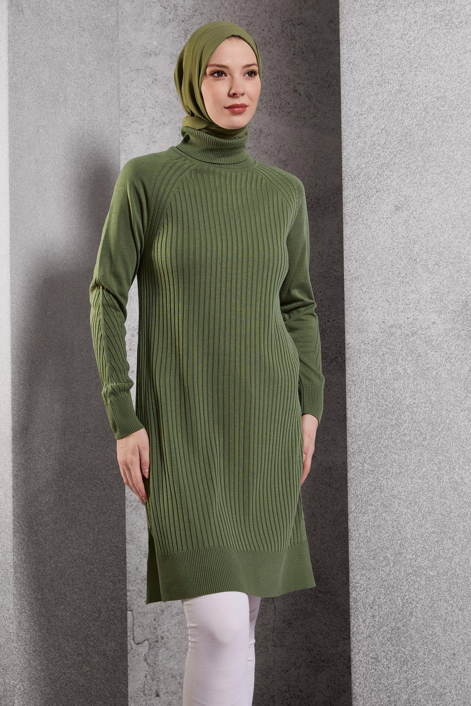 Tesettür giyim YEŞİL BOĞAZLI YAKA TRİKO TUNİK 44930