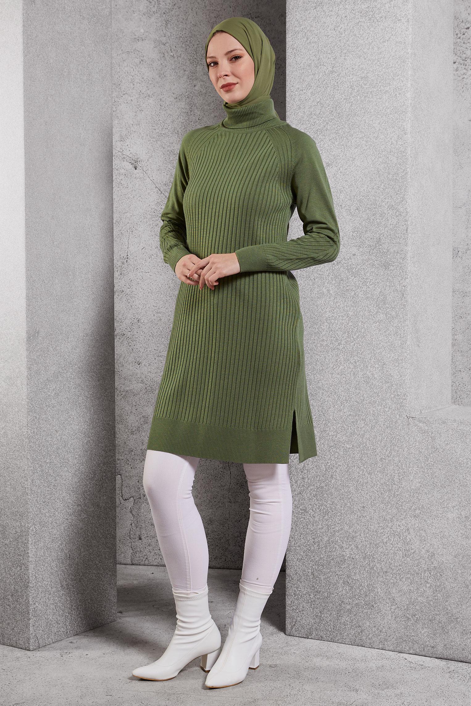 Tesettür giyim YEŞİL BOĞAZLI YAKA TRİKO TUNİK 44930