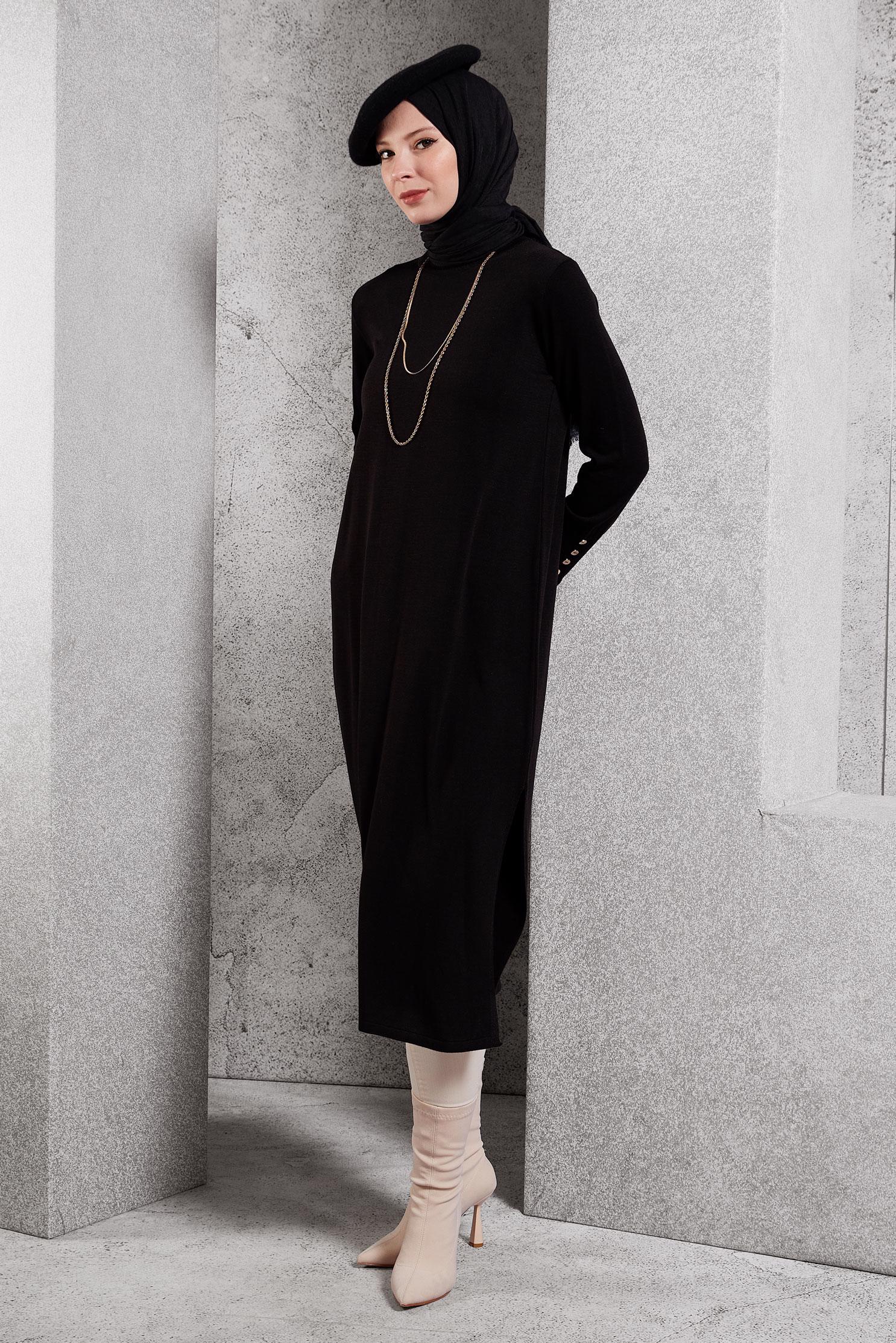 Tesettür giyim SİYAH UZUN TRİKO TUNİK 44931