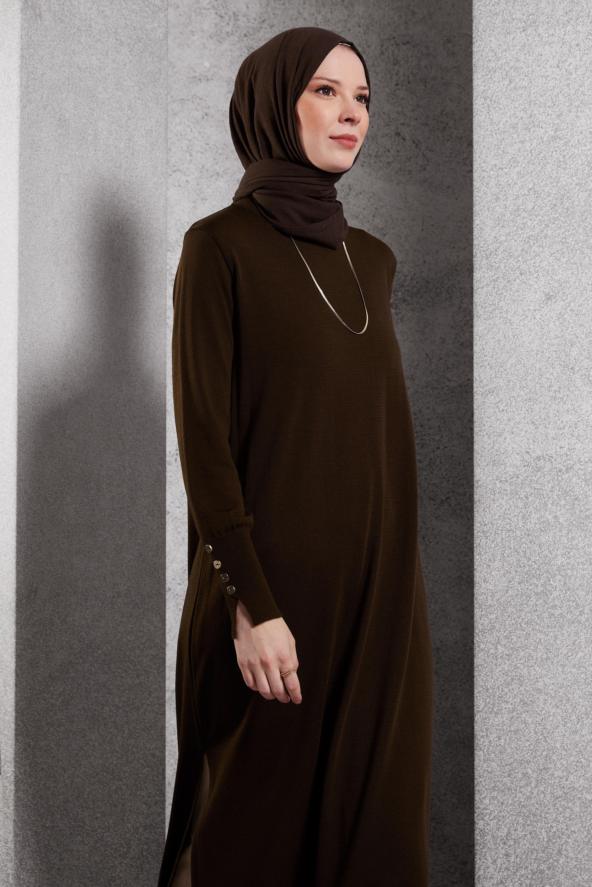 Tesettür giyim KAHVE UZUN TRİKO TUNİK 44931