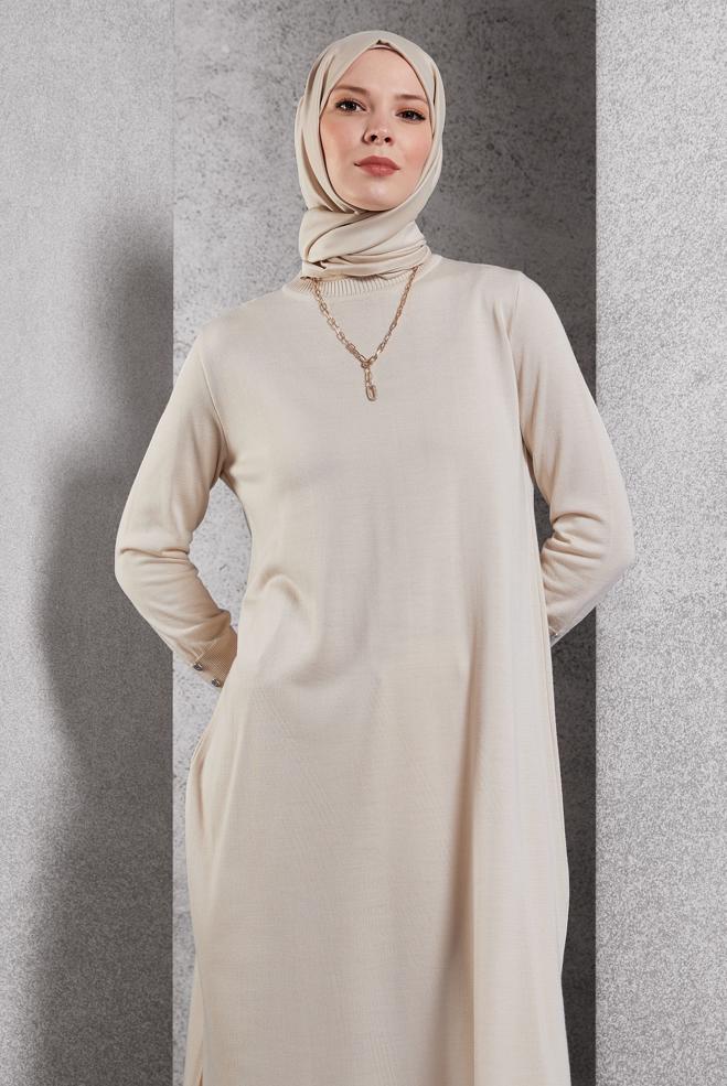 Hijab clothing BEIGE LONG KNITWEAR TUNIC 44931 - ALVİNA
