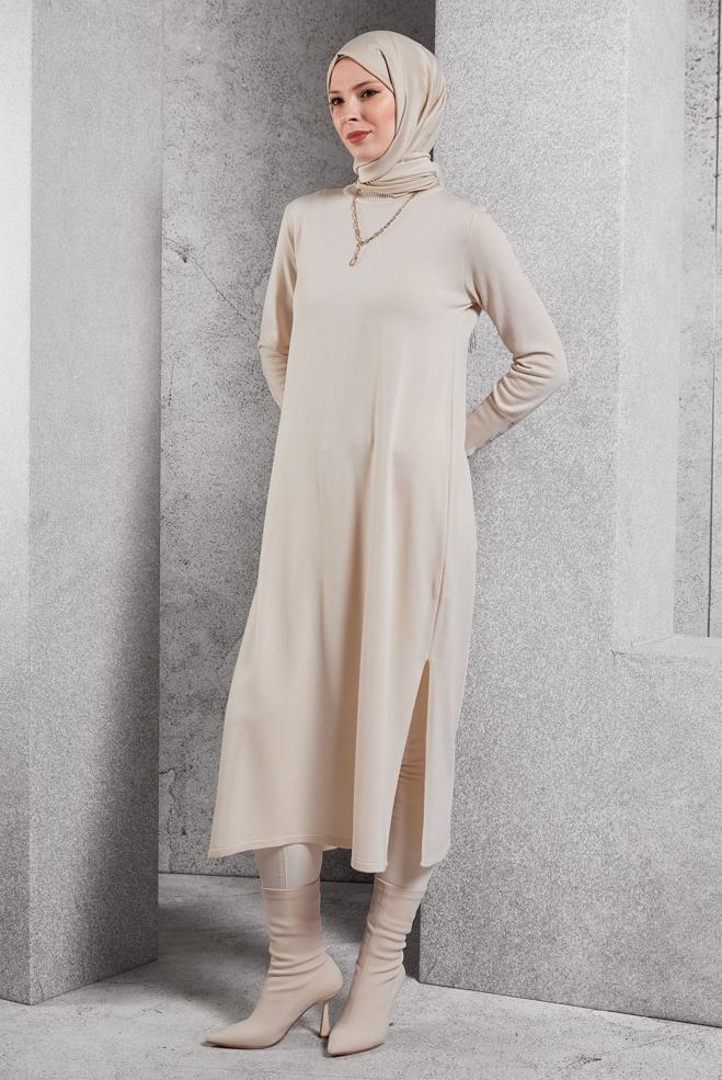 Hijab clothing BEIGE LONG KNITWEAR TUNIC 44931 - ALVİNA