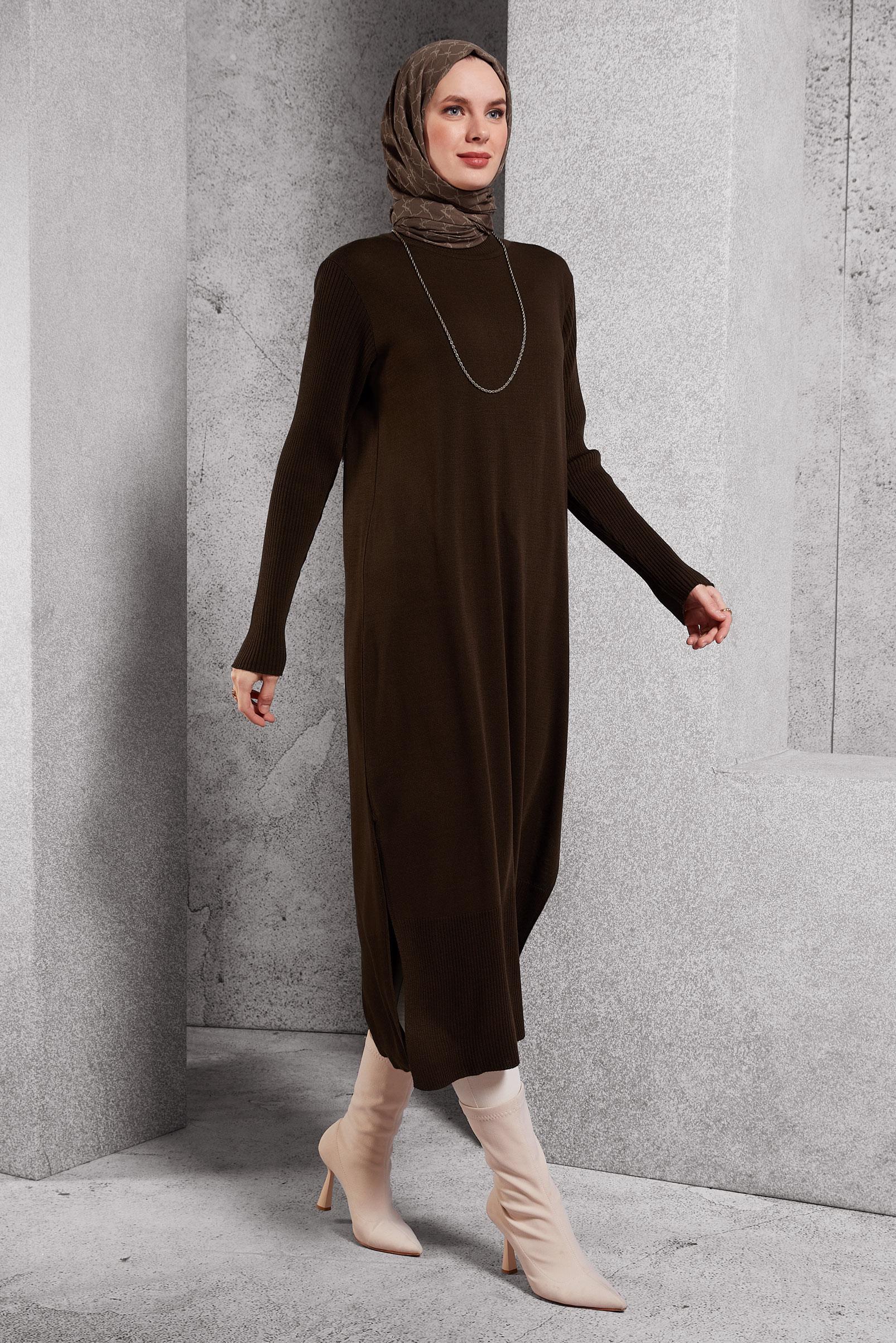 Vêtements hijab BRUN TUNIQUE LONGUE EN MAILLE 44934