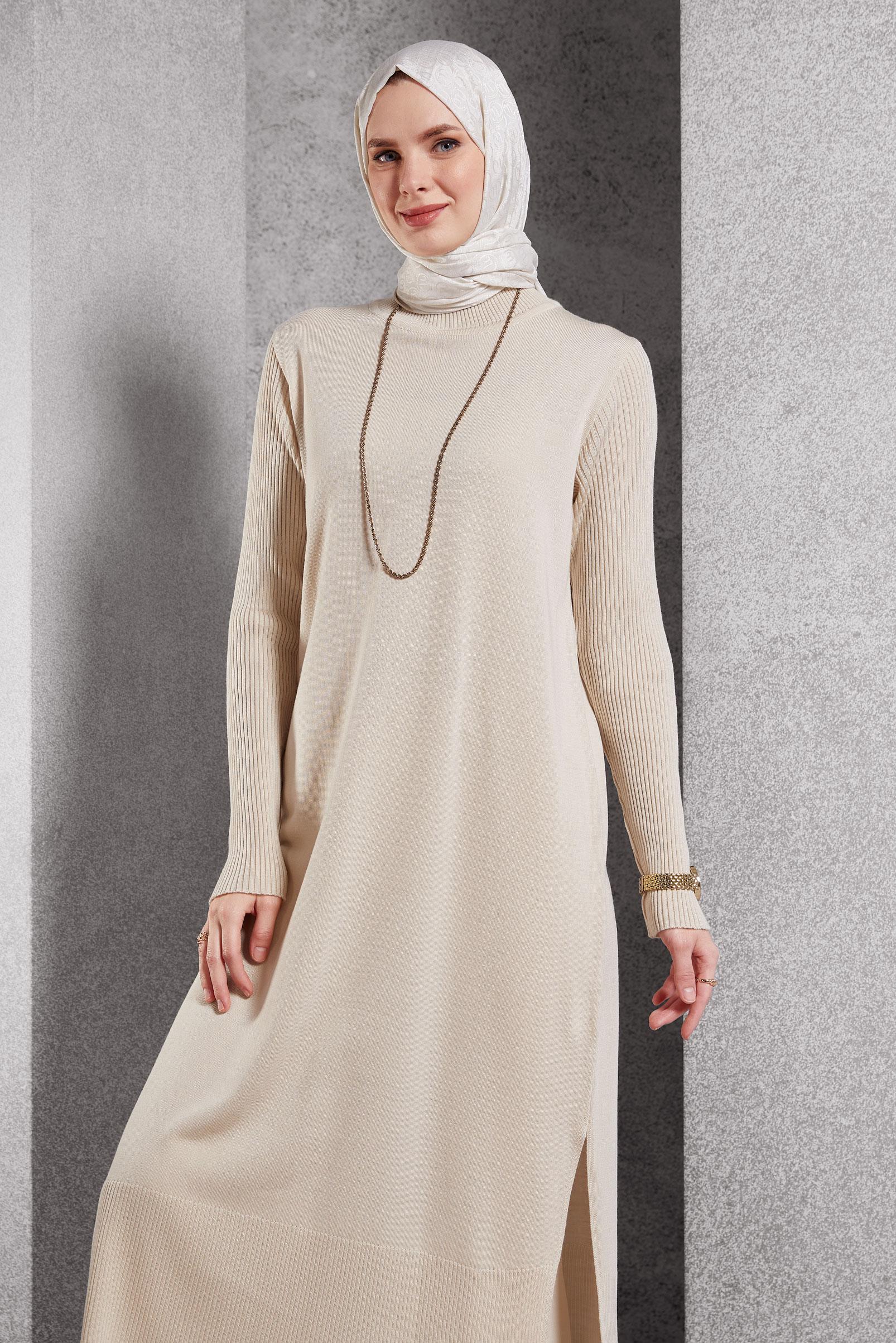 Vêtements hijab BEIGE TUNIQUE LONGUE EN MAILLE 44934